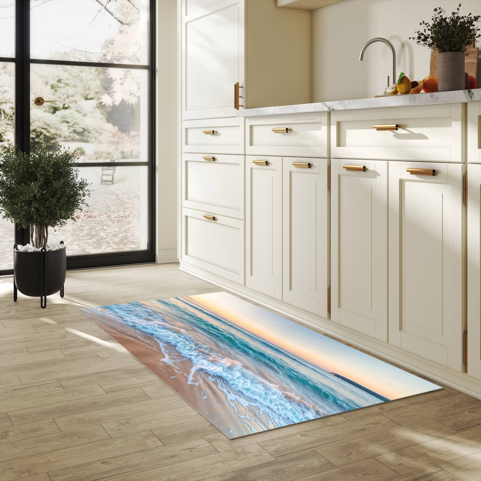 Strapazierfähiger Teppich für Esstisch mit Motiv Strandhorizont in heller Küche