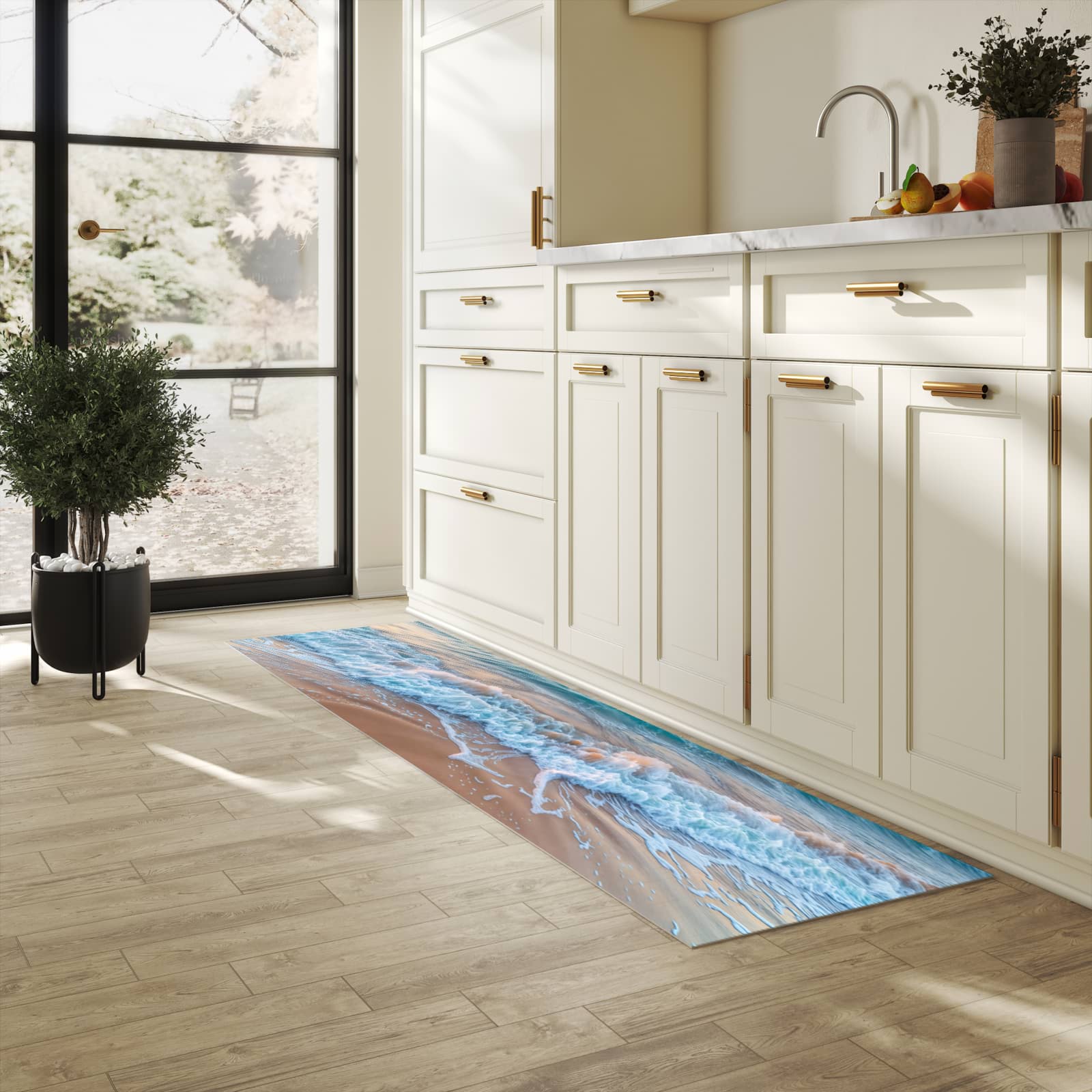 Langlebiger waschbarer Küchenläufer mit Motiv Strandhorizont in heller Küche