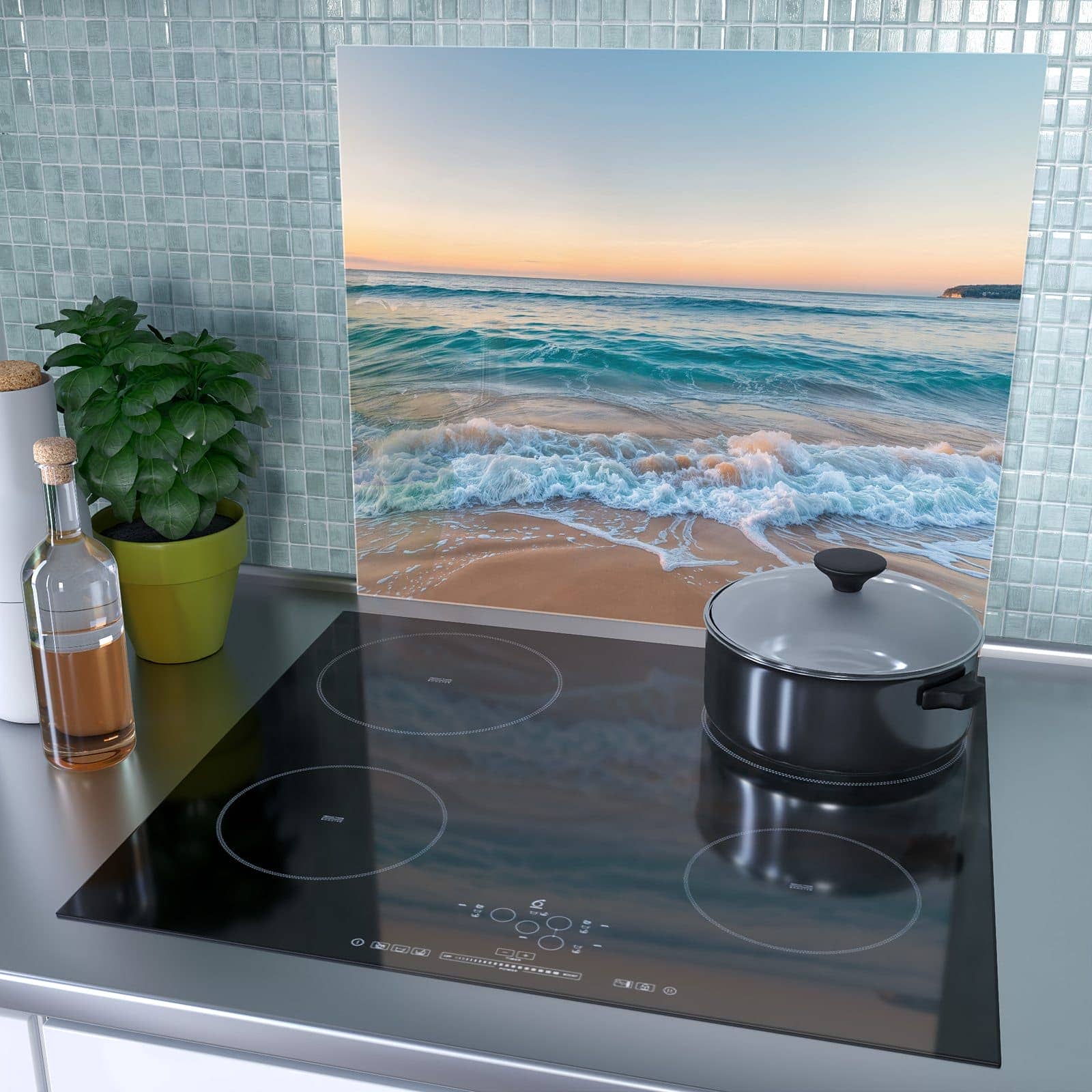 1-teilige Herdabdeckplatte für Ceranfeld mit Strandhorizont-Motiv als Spritzschutz