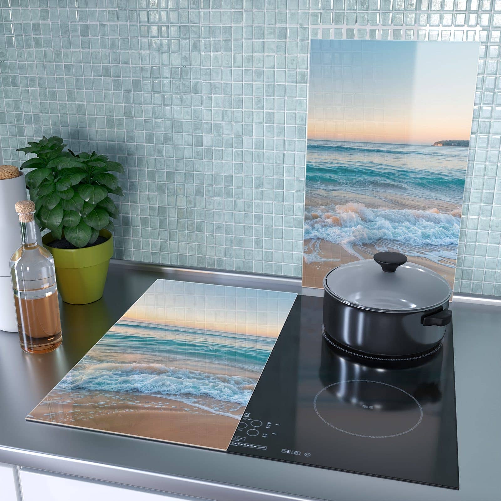 2-teilige Abdeckplatten Ceranfeld mit Strandhorizont-Motiv als Spritzschutz hinter dem Kochfeld