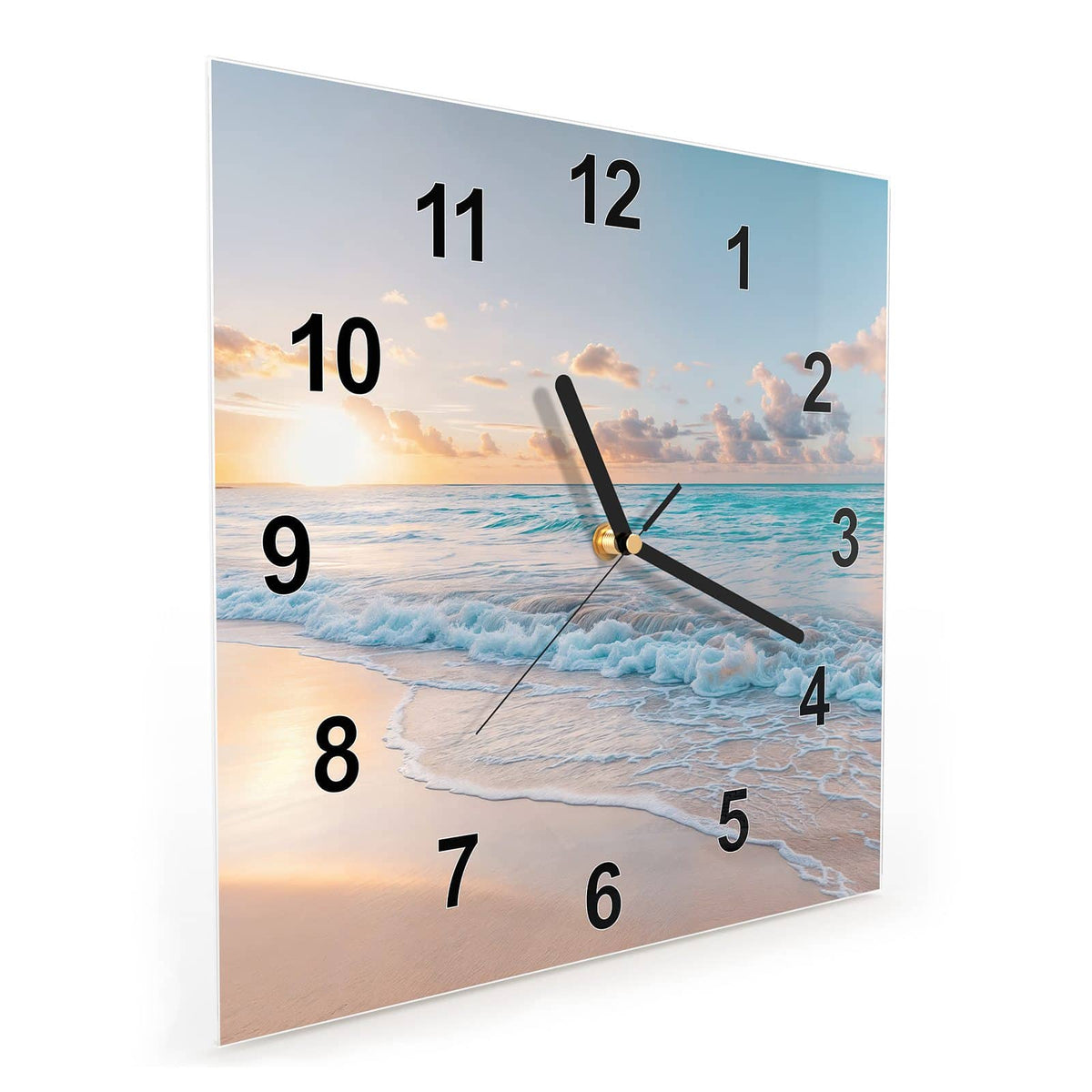 Quadratische Wanduhr aus Glas Sonnenaufgang am Strand schräg von der Seite, 4 mm starkes Glas