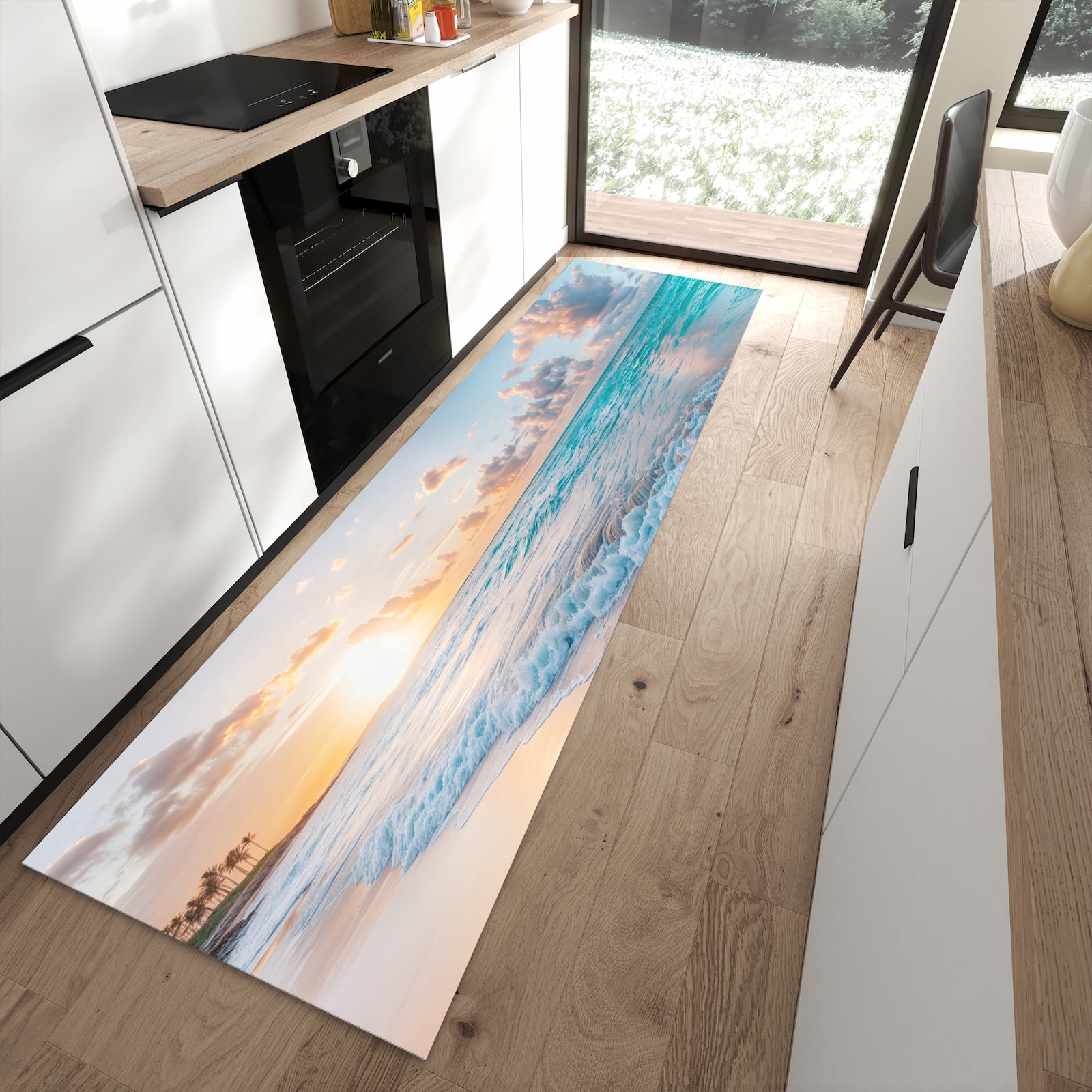 Küchenläufer mit Motiv Sonnenaufgang Strand für angenehme Haptik in moderner Küche