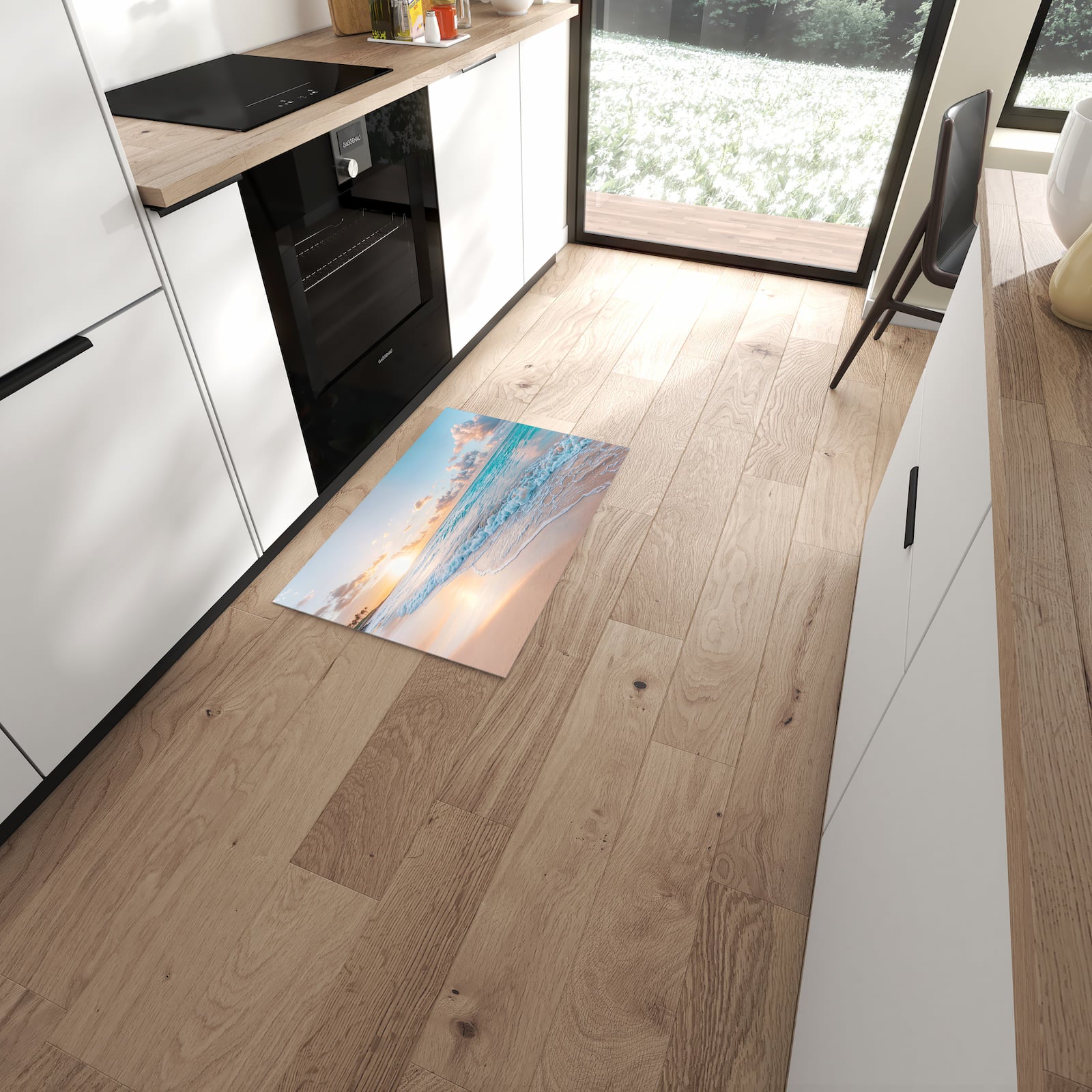 Komfortabler Küchenteppich mit Motiv Sonnenaufgang Strand in moderner Küche