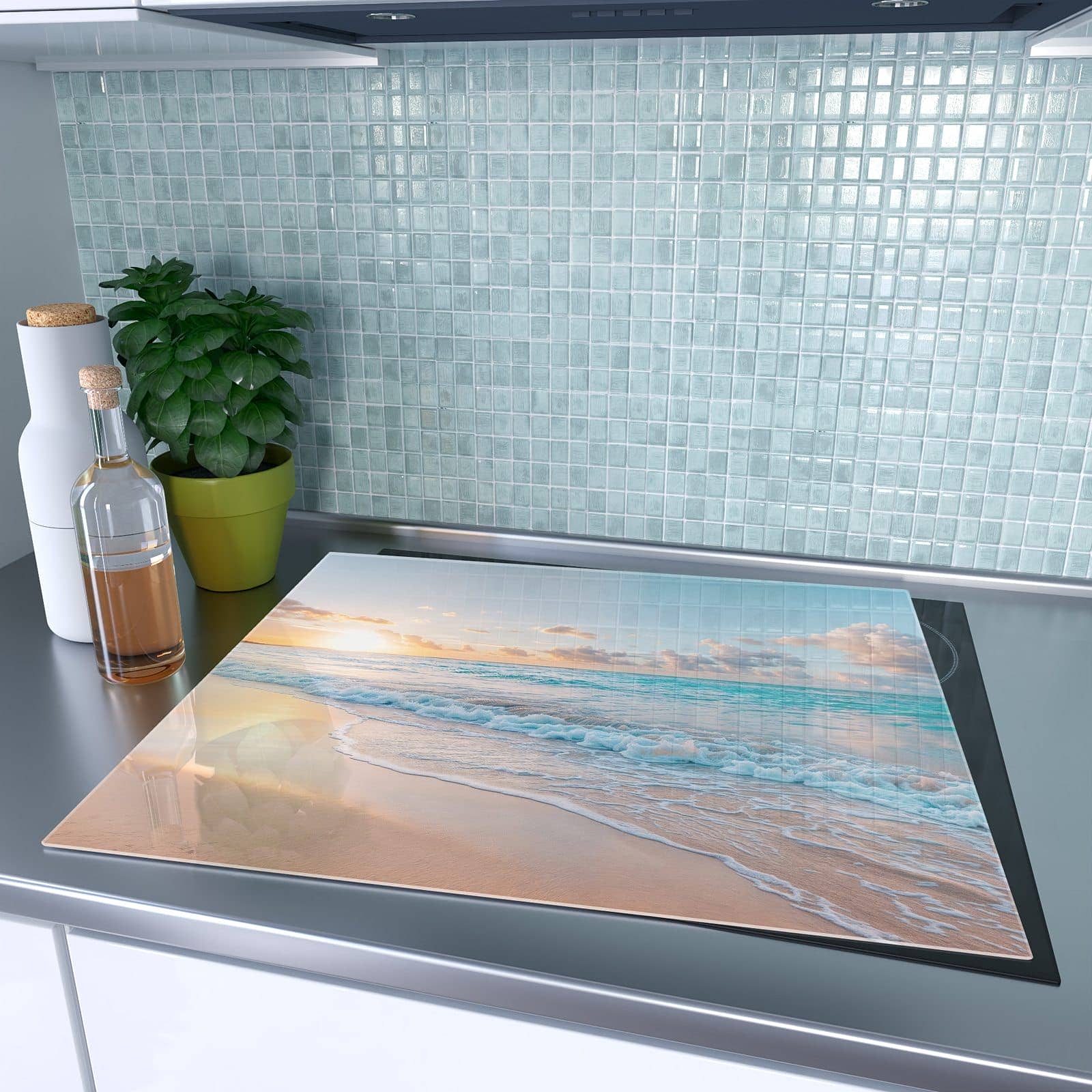 1-teilige Ceranfeld Abdeckplatten mit Sonnenaufgang Strand-Motiv auf dem Ceranfeld