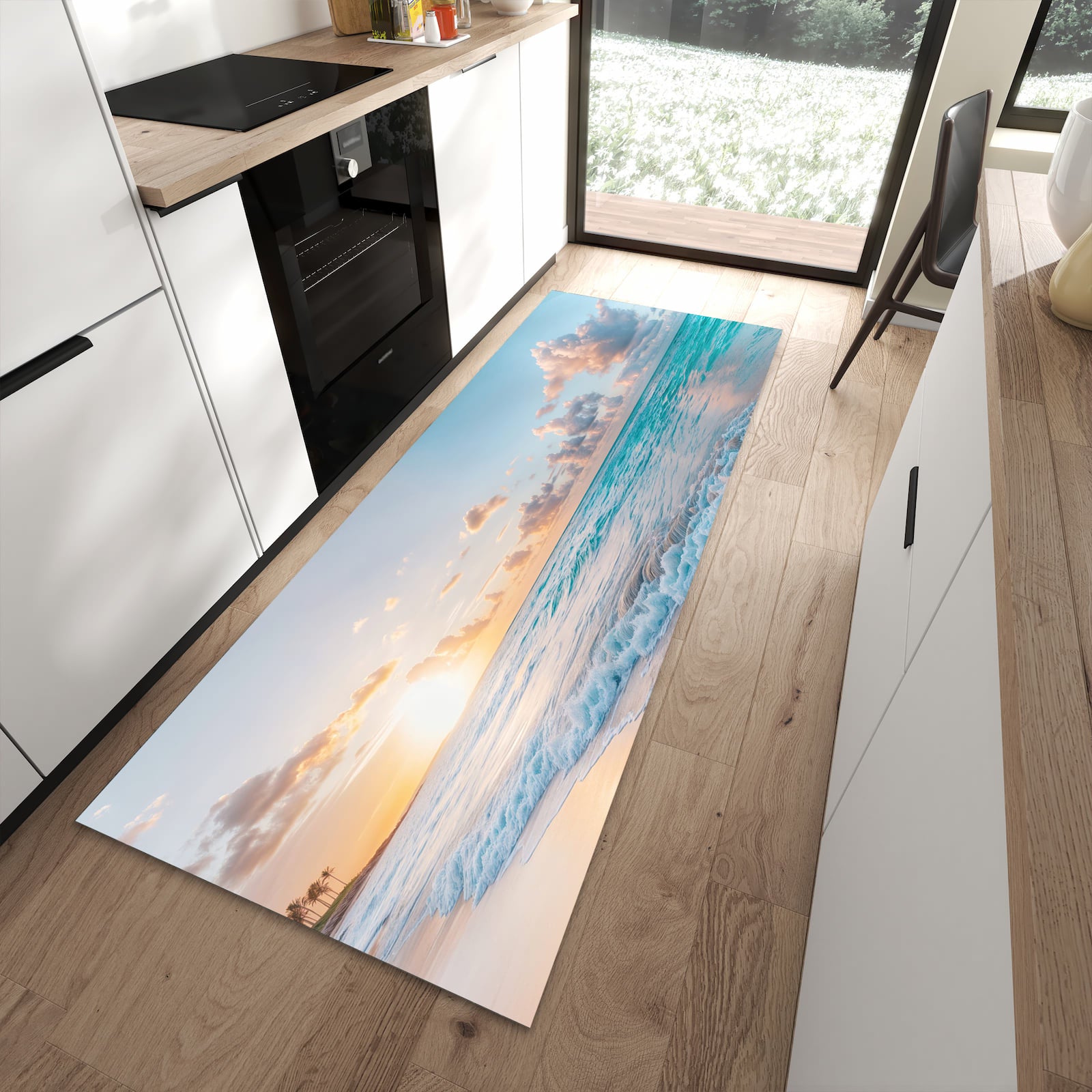 Waschbarer Küchenteppich mit Motiv Sonnenaufgang Strand in moderner Küche