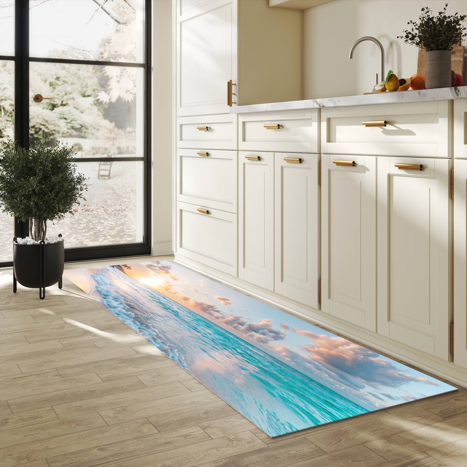 Abriebfester Küchenläufer mit Motiv Sonnenaufgang Strand in heller Küche
