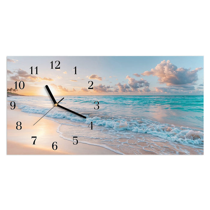 Wanduhr Sonnenaufgang Strand aus Glas – Querformat 60 × 30 cm mit Ziffernblatt Klassisch