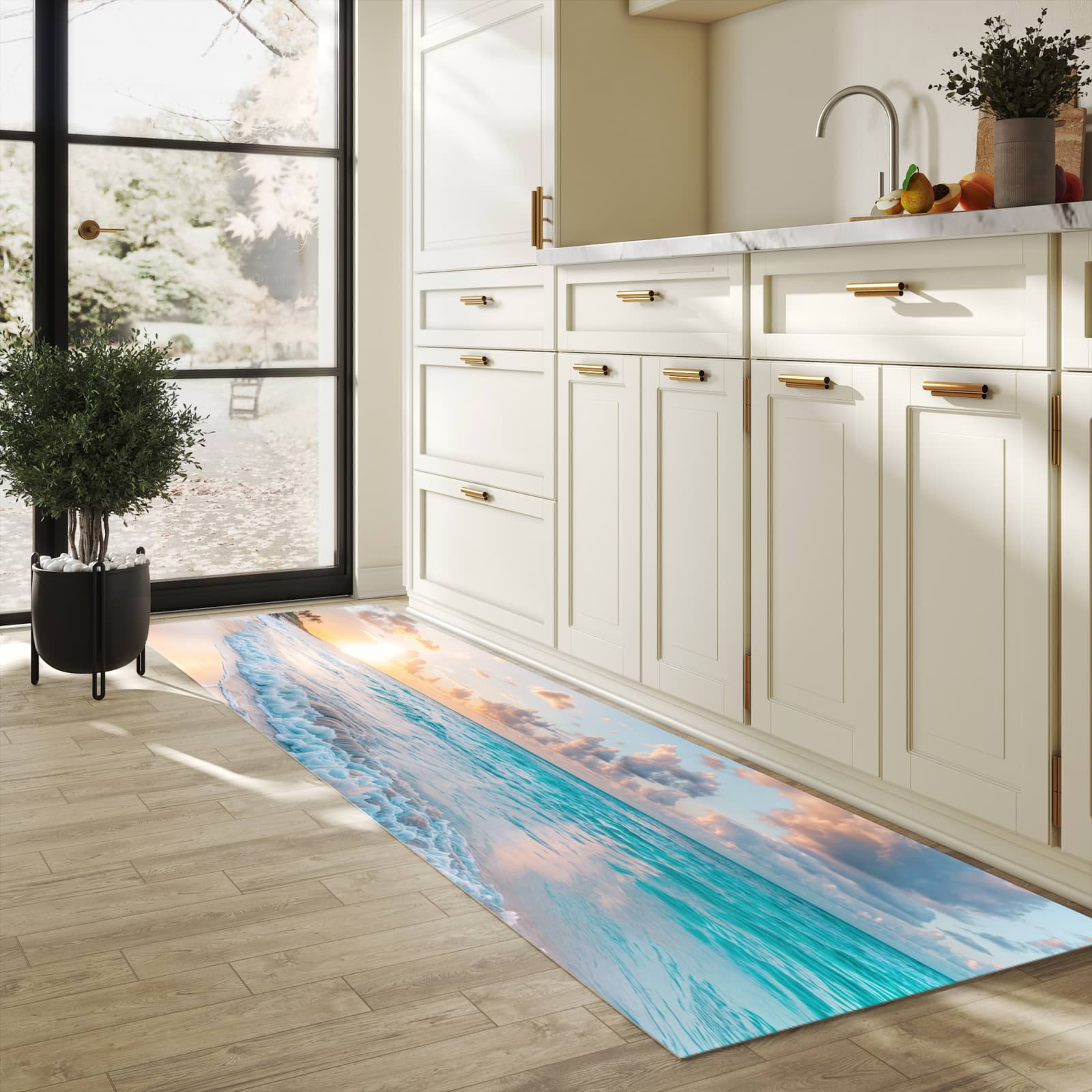 UV-beständiger Küchenvorleger mit Motiv Sonnenaufgang Strand in heller Küche