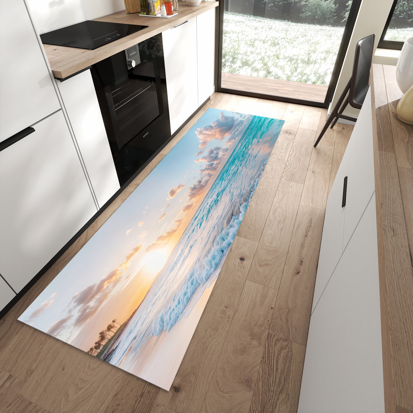 Pflegeleichter Küchenteppich mit Motiv Sonnenaufgang Strand in moderner Küche