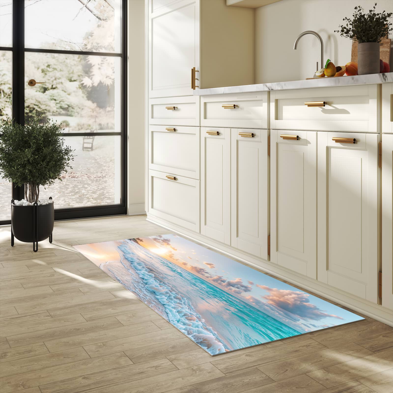 Zeitsparender Läufer Küche mit Motiv Sonnenaufgang Strand in heller Küche