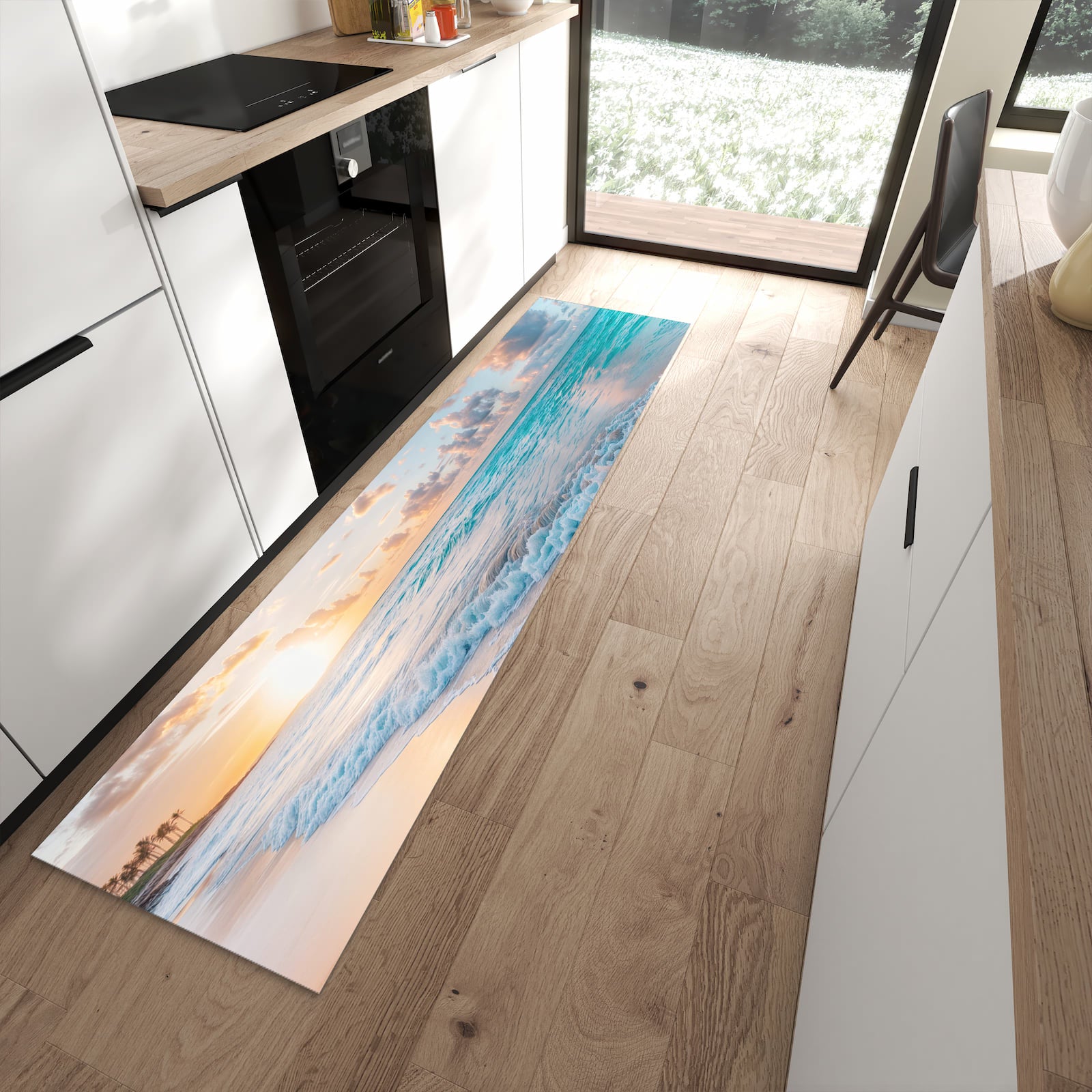 Langlebiger Küchenteppich mit Motiv Sonnenaufgang Strand in moderner Küche
