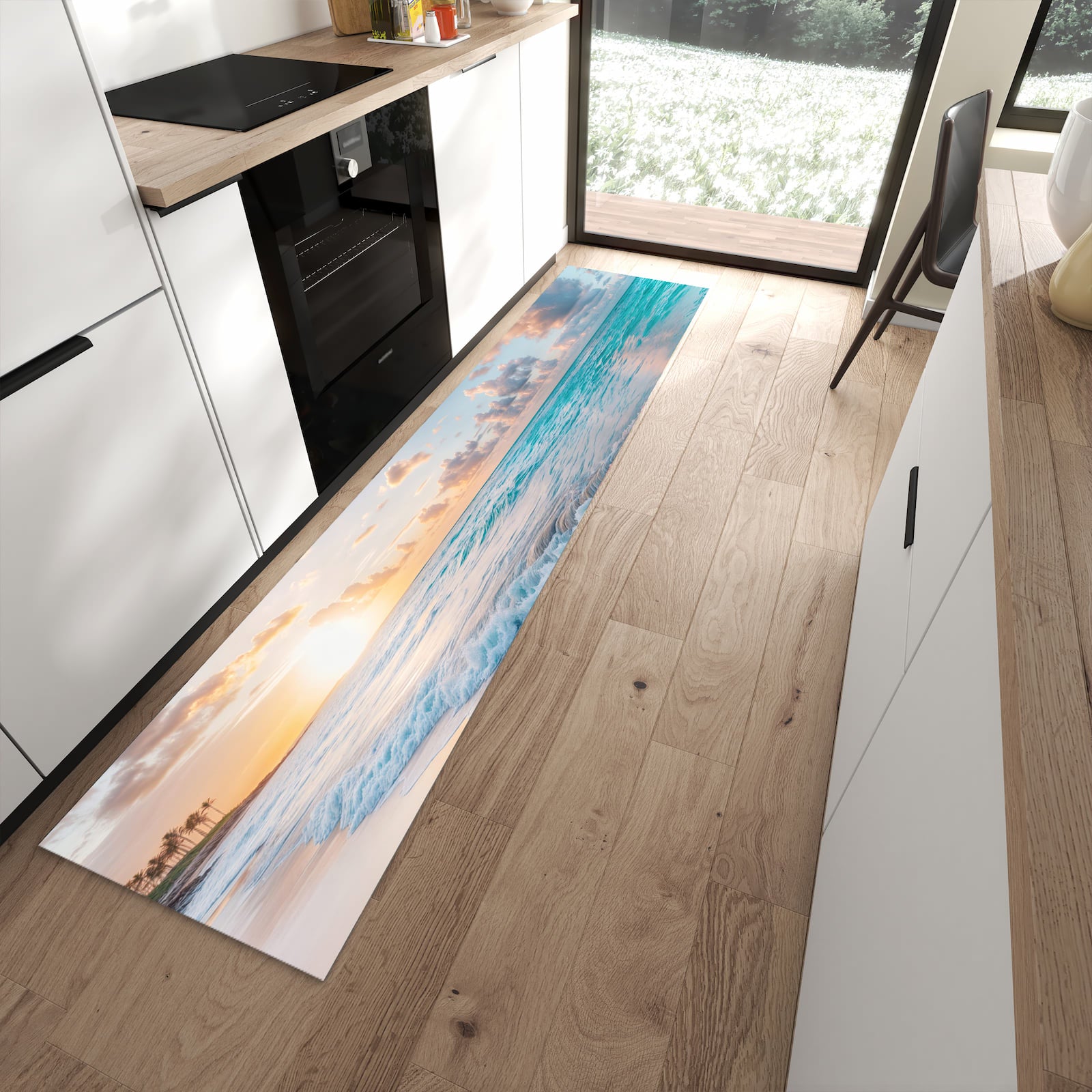 Flacher Küchenteppich mit Motiv Sonnenaufgang Strand in moderner Küche
