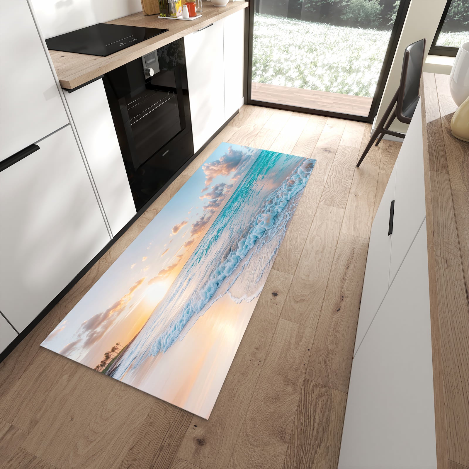 Rutschfester Küchenteppich mit Motiv Sonnenaufgang Strand in moderner Küche