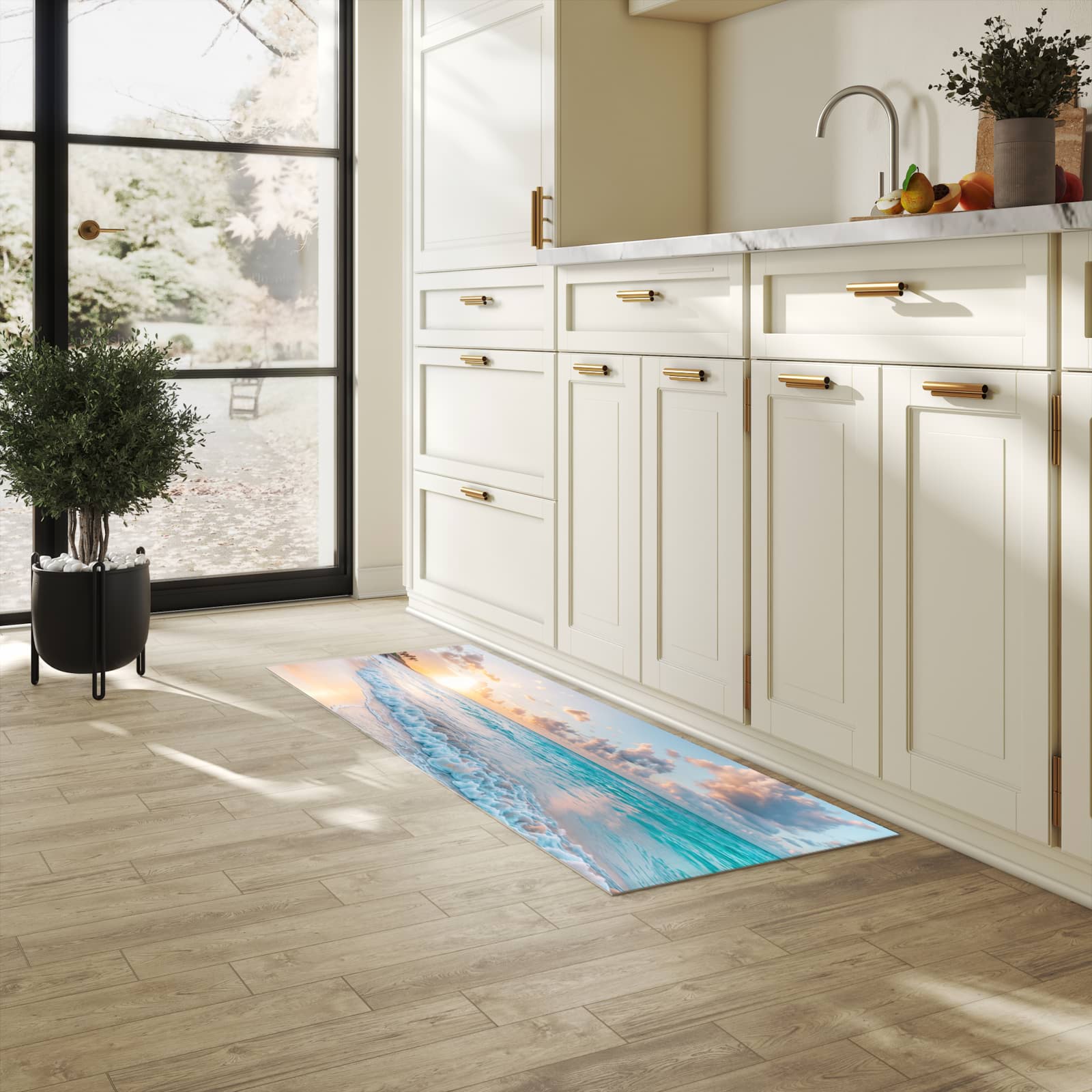 Küchenteppich mit Motiv Sonnenaufgang Strand für Ordnung in heller Küche