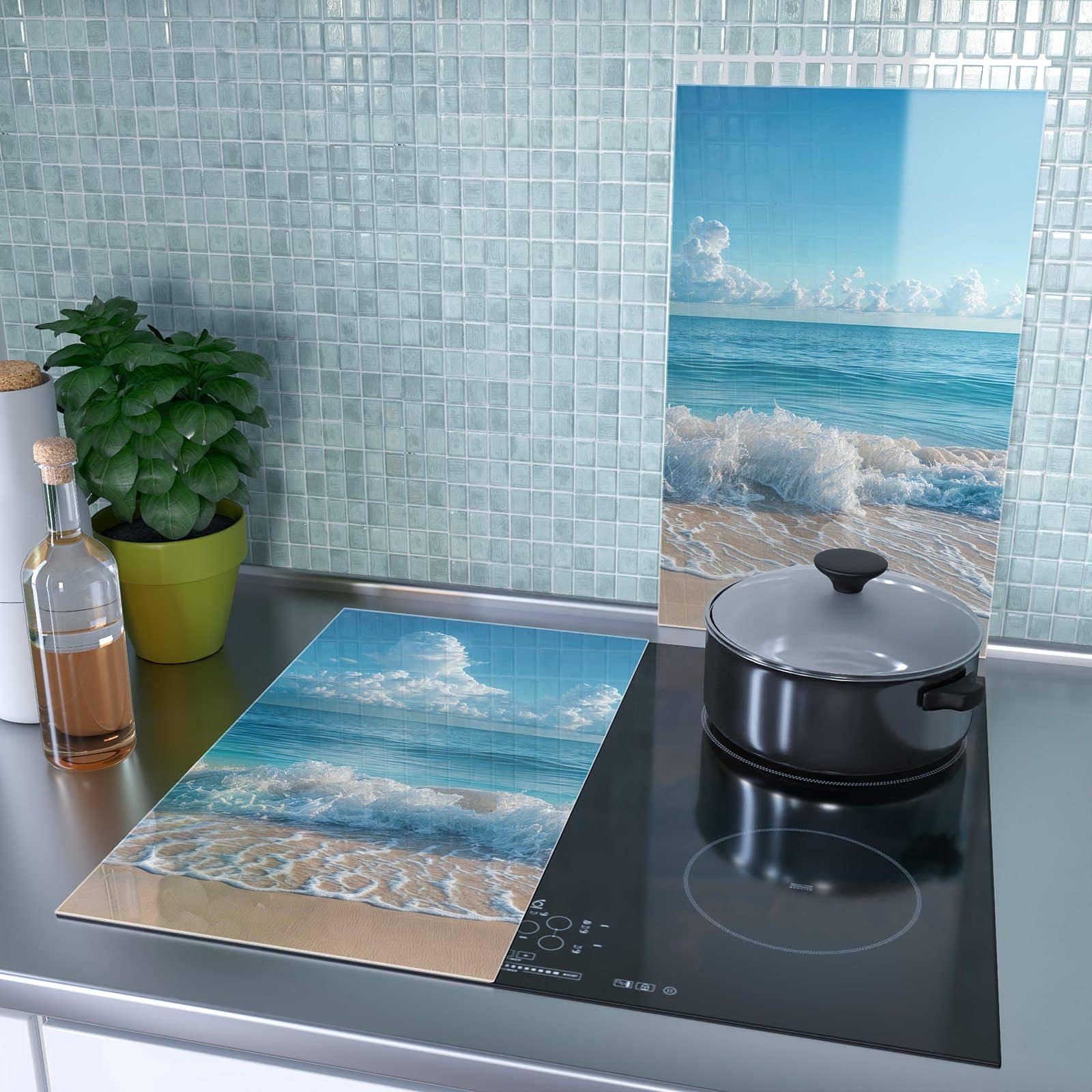 2-teilige Abdeckung für Herdplatte mit Meereswellen-Motiv als Spritzschutz hinter dem Kochfeld