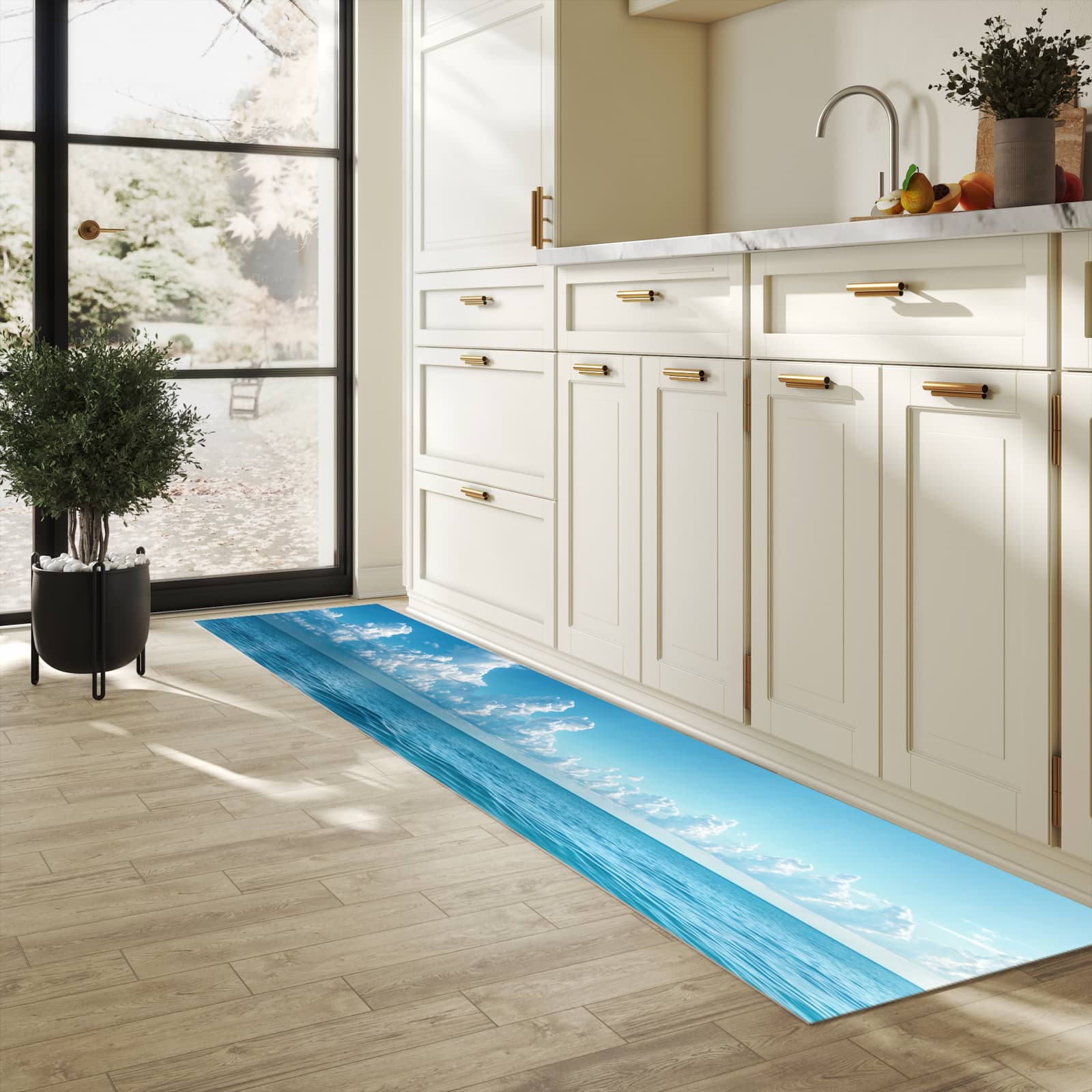 Pflegeleichter waschbarer Küchenläufer mit Motiv Meereswellen in heller Küche