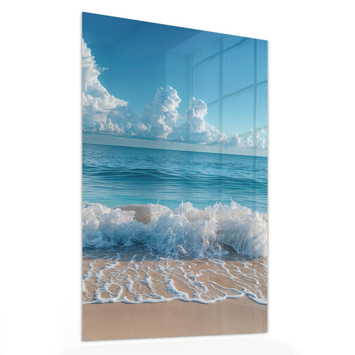 Glasbild Brandung unter Wolken von der Seite, 4 mm Echtglas