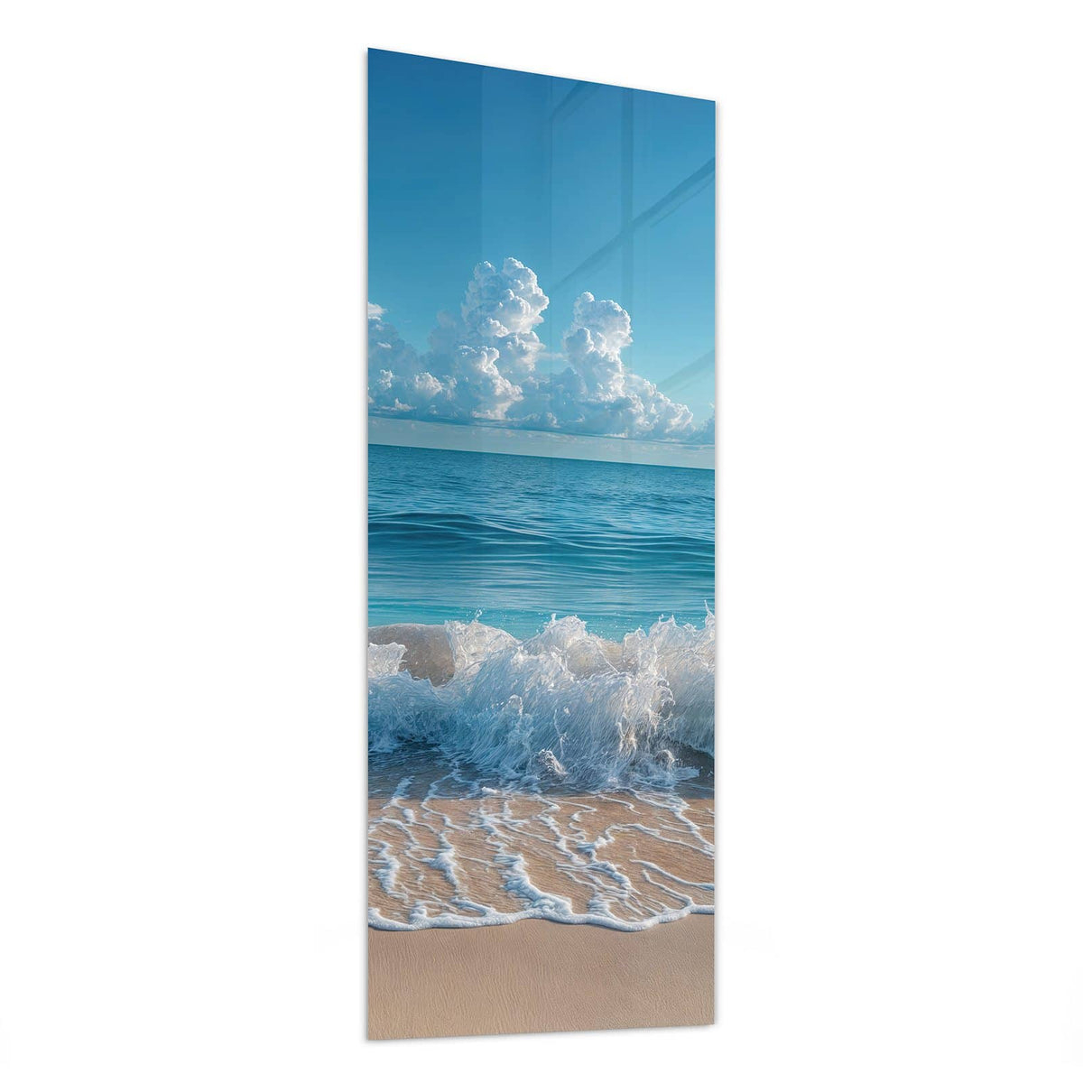 Glasbild Brandung unter Wolken von der Seite, 4 mm Echtglas