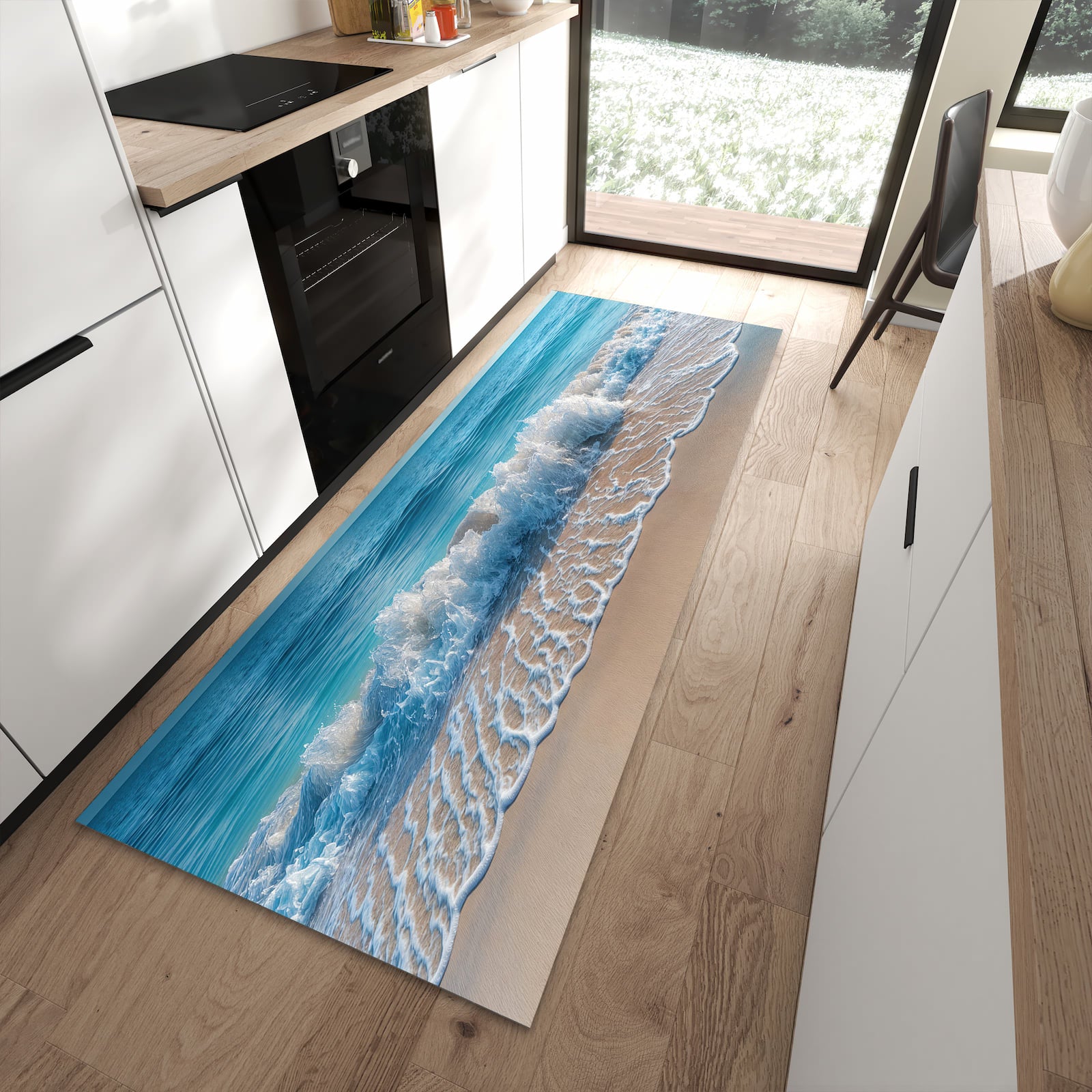 Geräuschdämpfender waschbarer Küchenläufer mit Motiv Meereswellen in moderner Küche