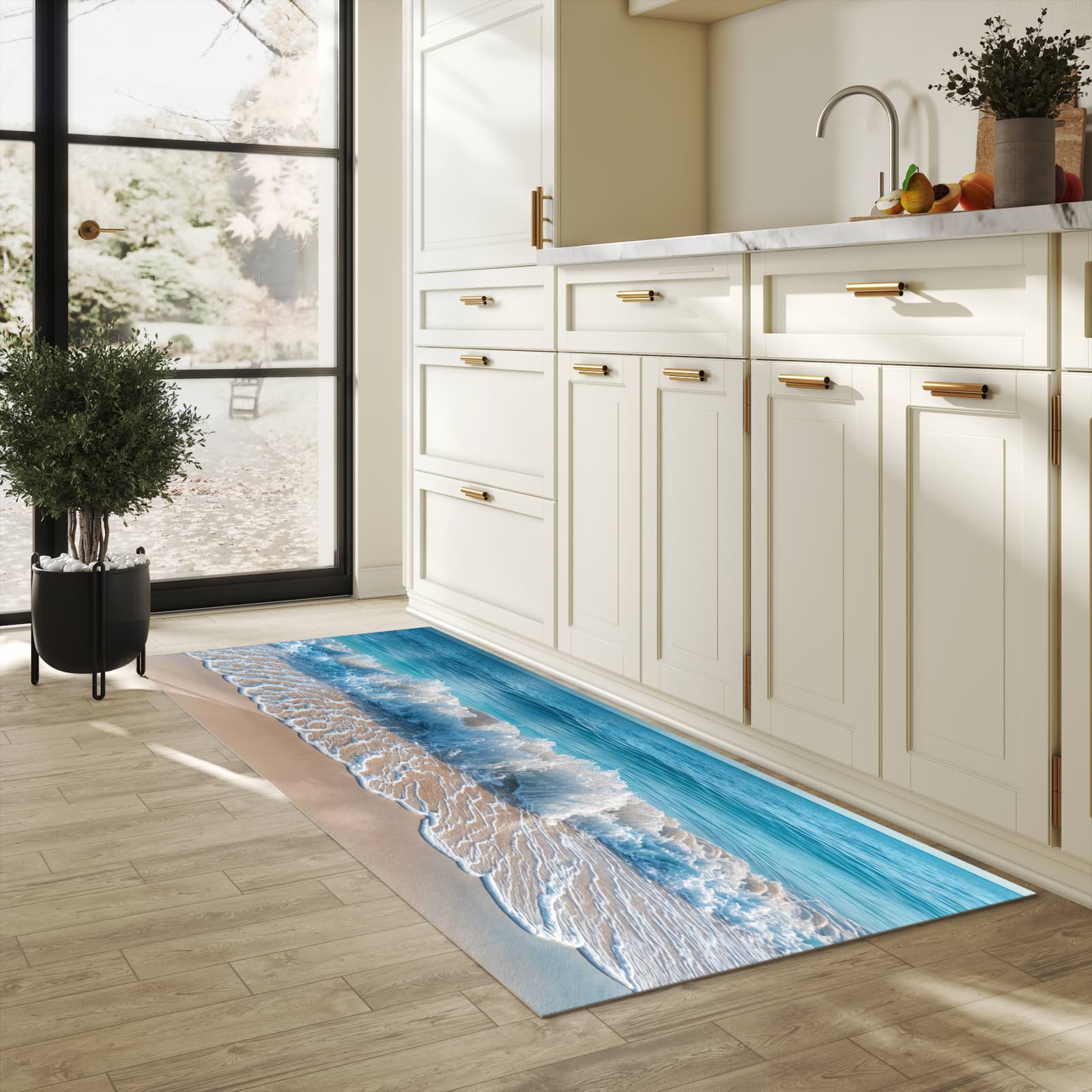 Waschbarer Küchenteppich mit Motiv Meereswellen in heller Küche