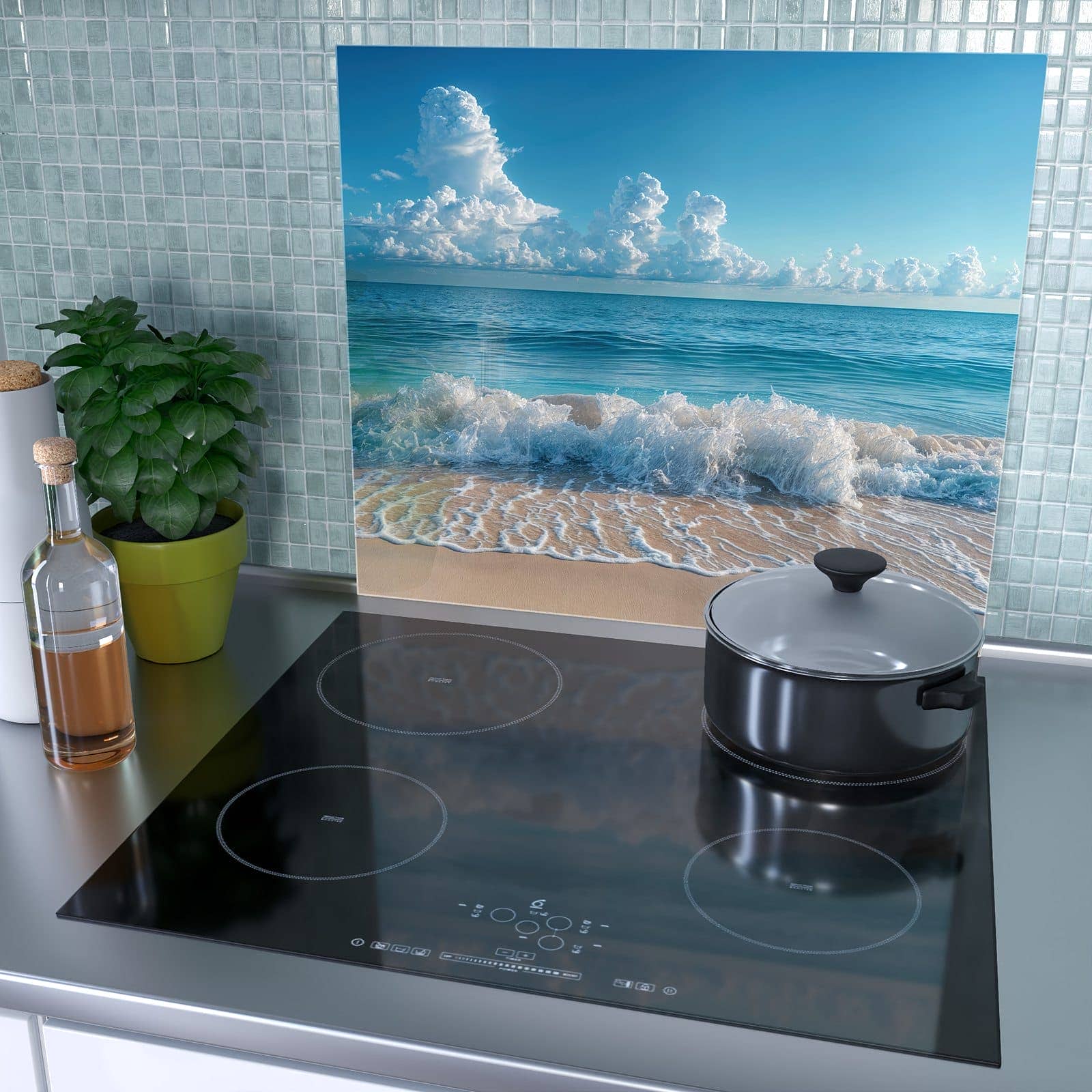 1-teilige Herdabdeckung für Induktionsfeld mit Meereswellen-Motiv als Spritzschutz hinter dem Kochfeld