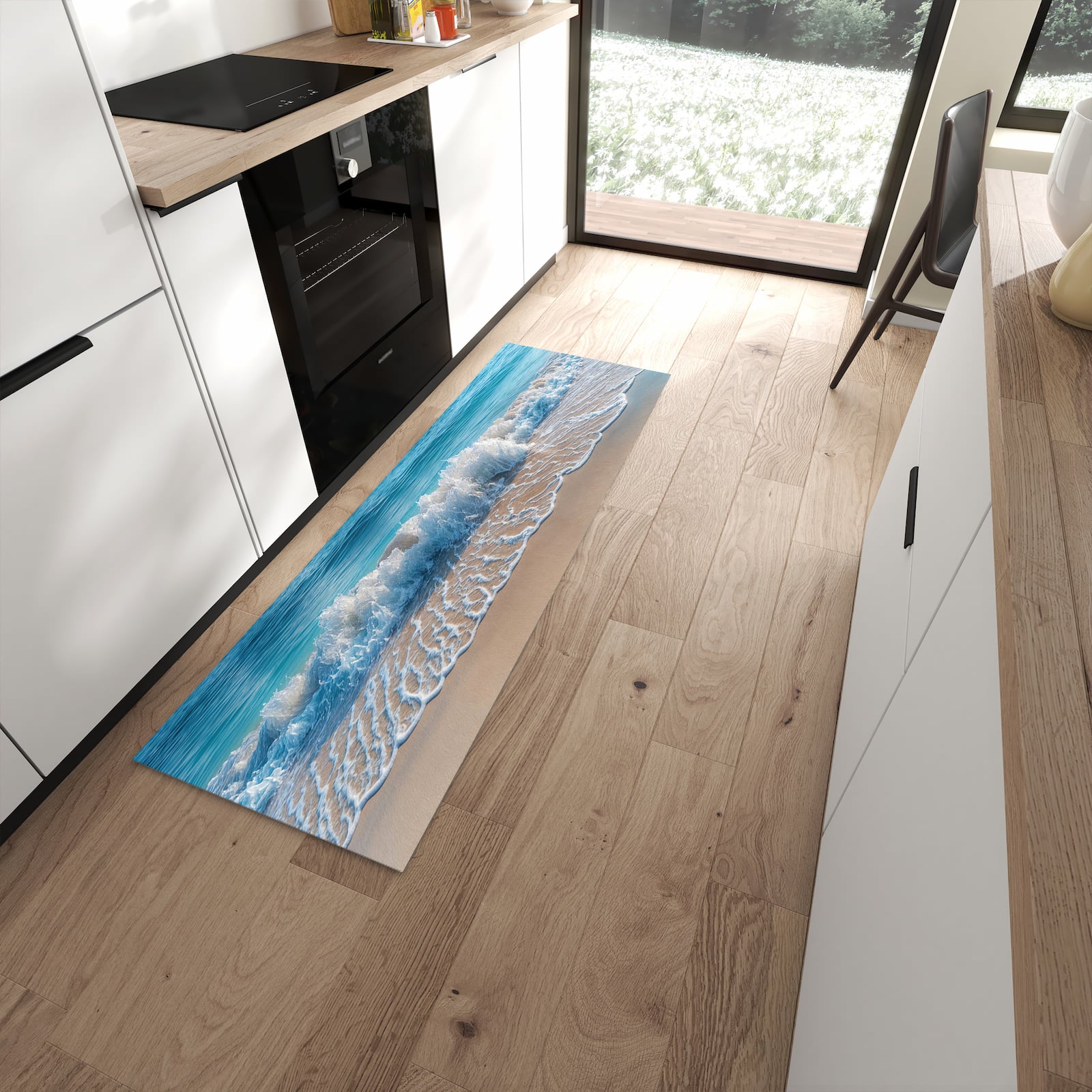 Langlebiger waschbarer Küchenteppich mit Motiv Meereswellen in moderner Küche