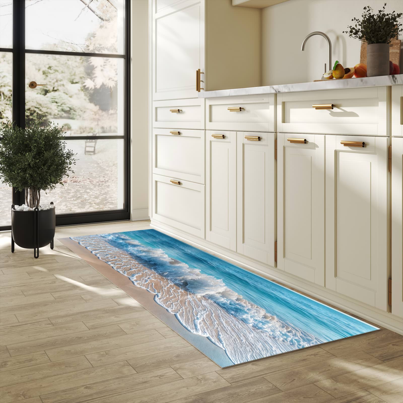 Abwaschbarer Küchenteppich mit Motiv Meereswellen in heller Küche