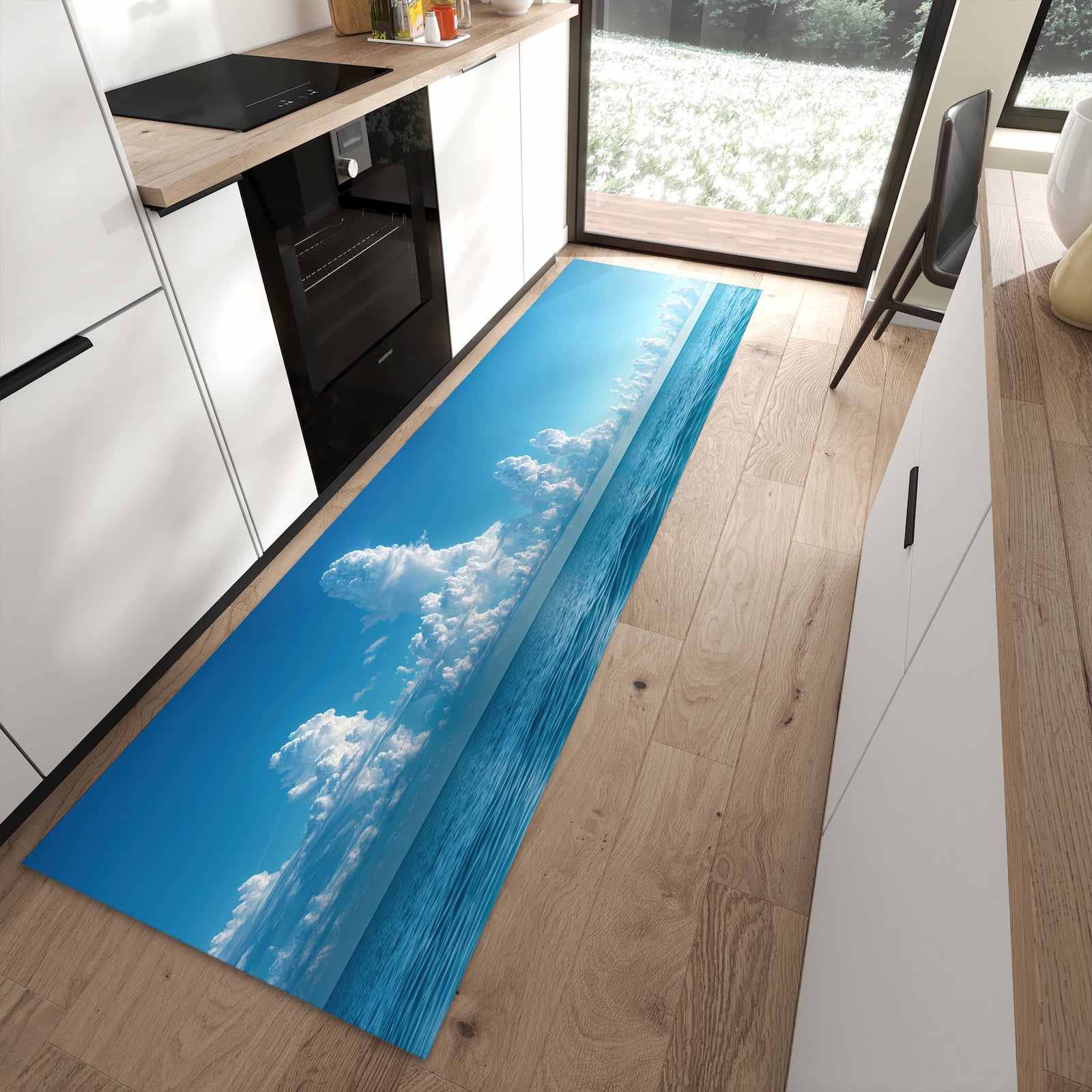 Formstabiler rutschfester Küchenläufer mit Motiv Meereswellen in moderner Küche