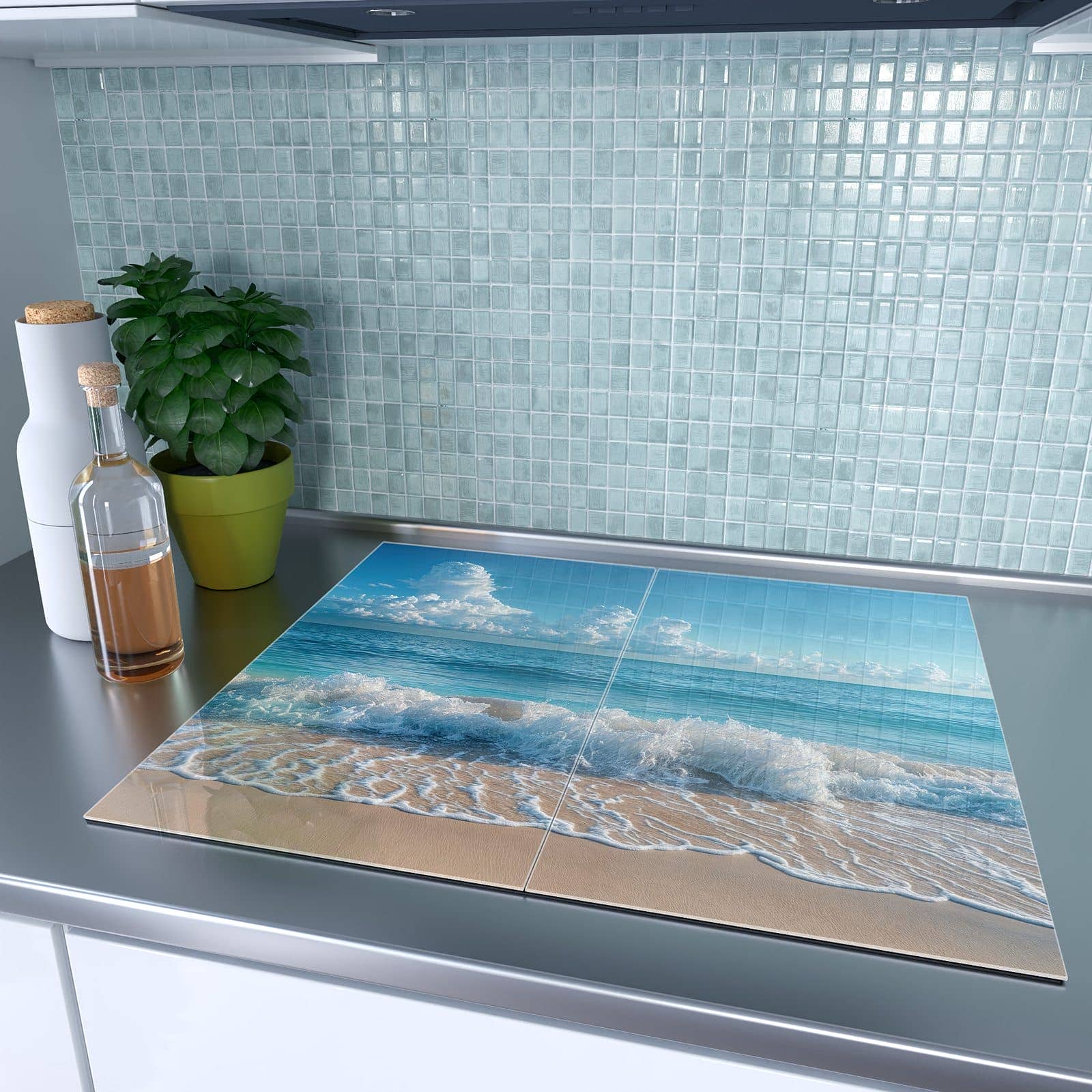 2-teilige Herdabdeckplatten aus Glas mit Meereswellen-Motiv auf dem Ceranfeld