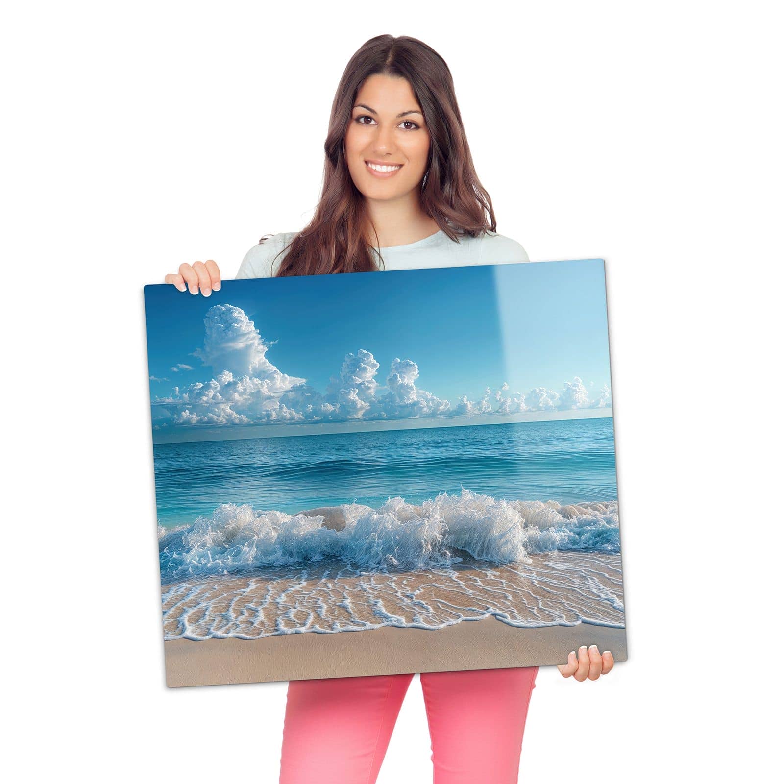 Glasabdeckplatte für Ceranfeld mit Meereswellen-Motiv wird zur Größendarstellung gehalten