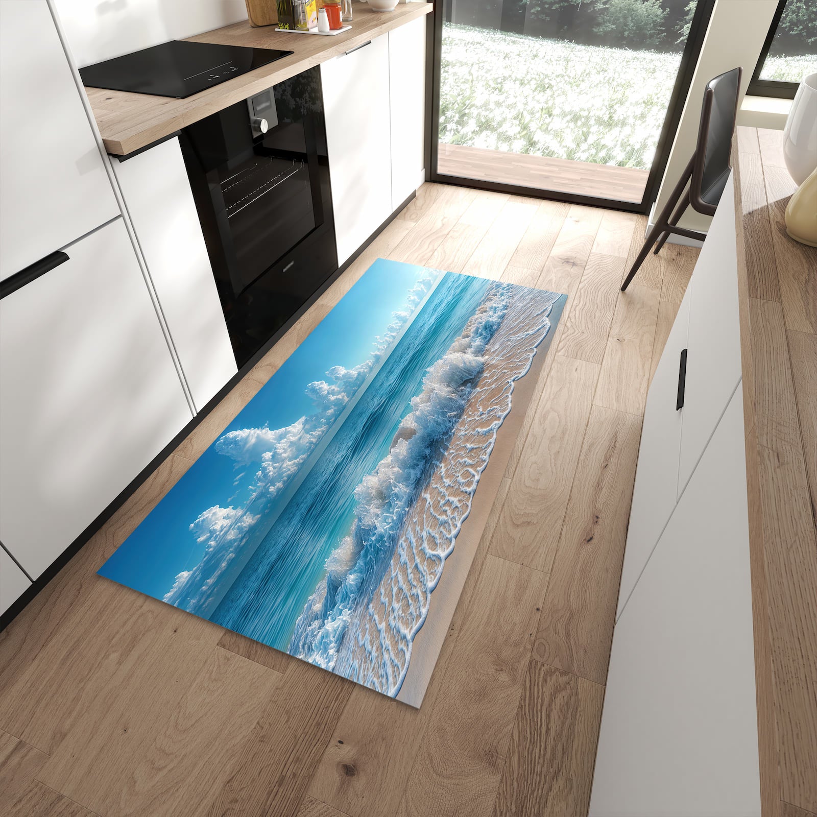 Zeitsparender rutschfester Küchenläufer mit Motiv Meereswellen in moderner Küche
