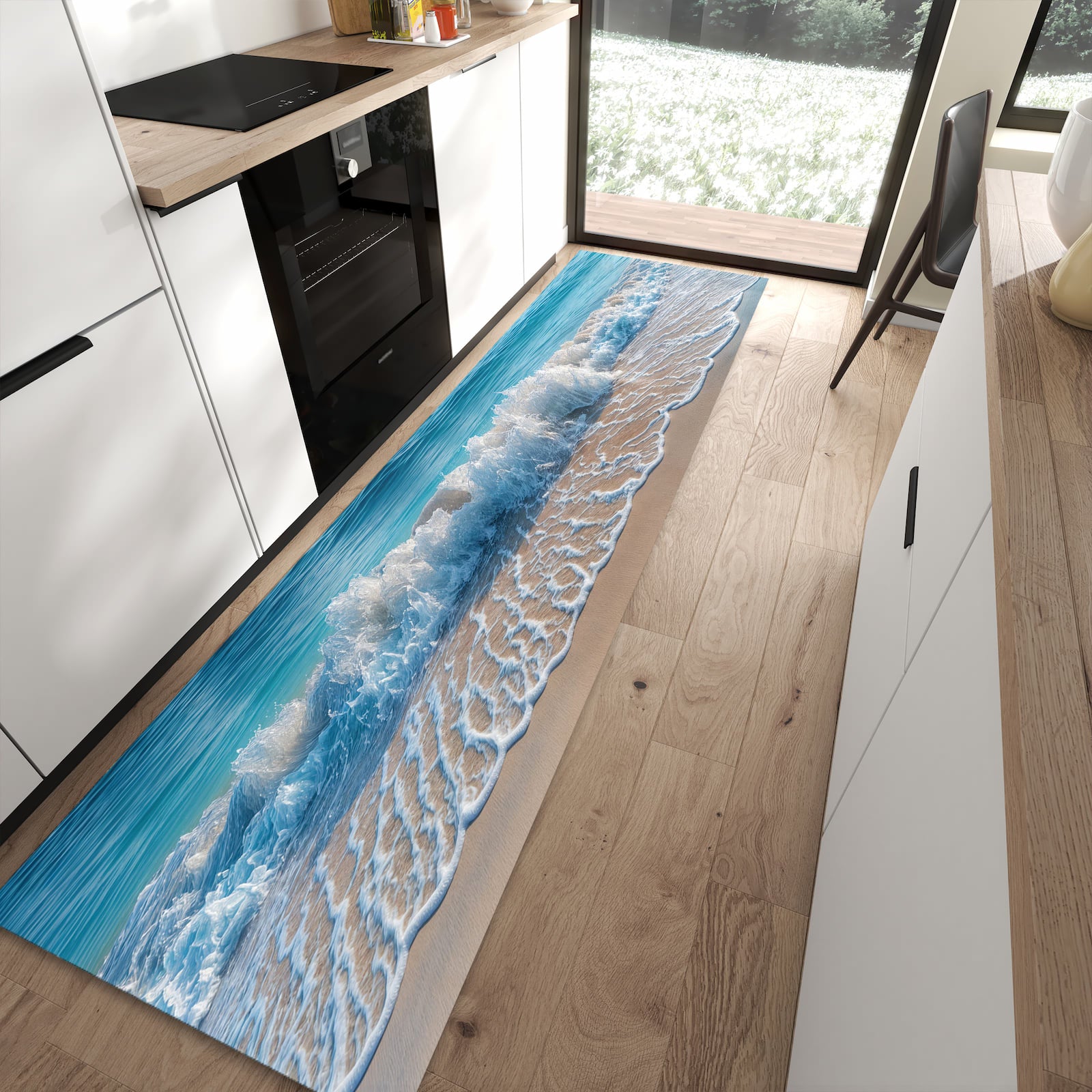 Rutschfester Küchenläufer mit Motiv Meereswellen für sicheren Stand in moderner Küche