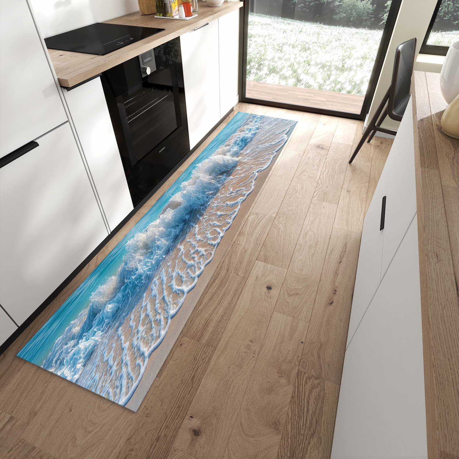 Feuchtigkeitsresistenter Küchenteppich mit Motiv Meereswellen in moderner Küche