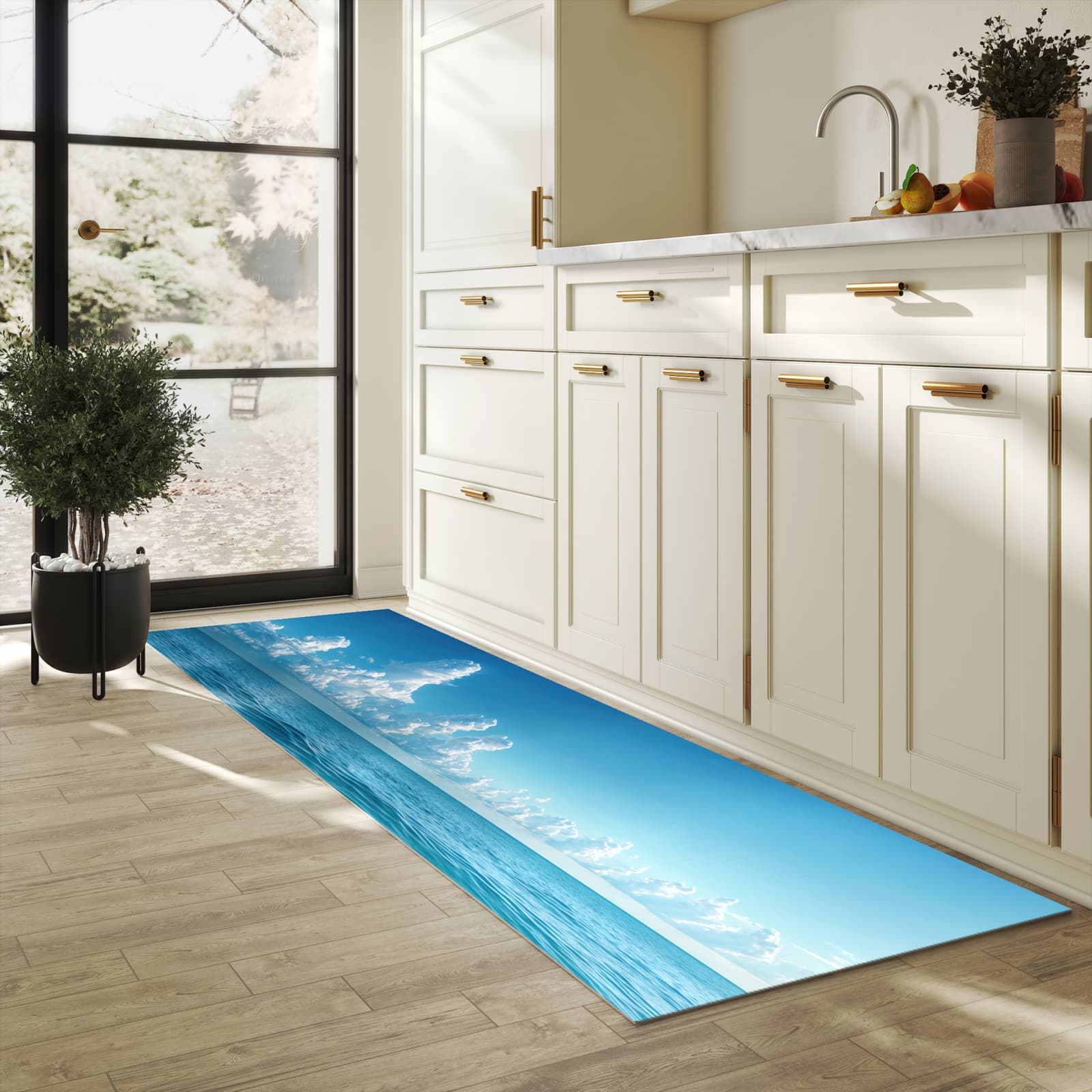 Komfortabler Küchenläufer mit Motiv Meereswellen in heller Küche