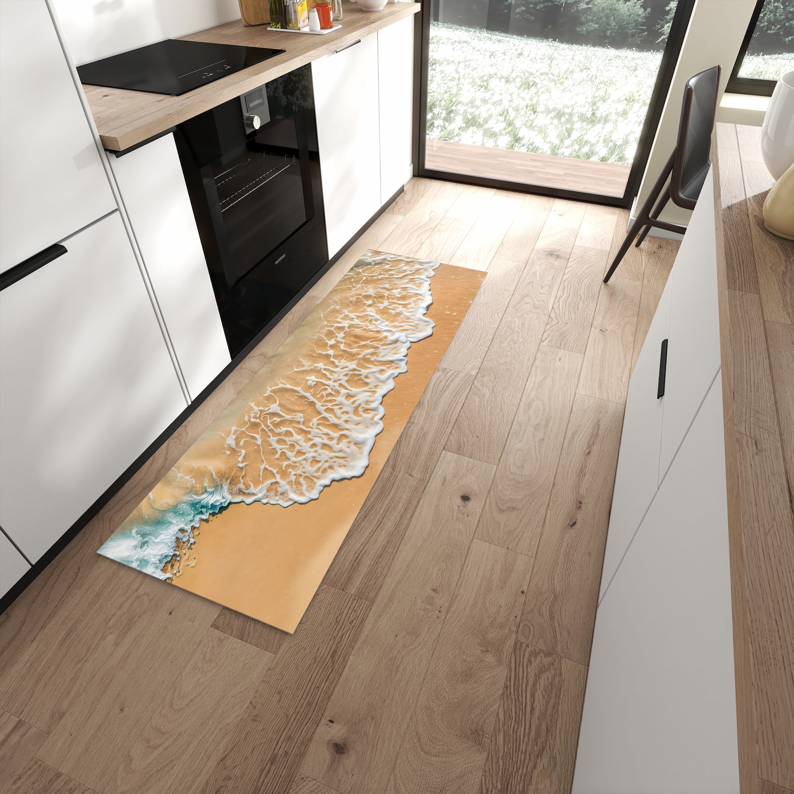 Komfortabler Küchenteppich mit Motiv Ozeanwellenstrand in moderner Küche