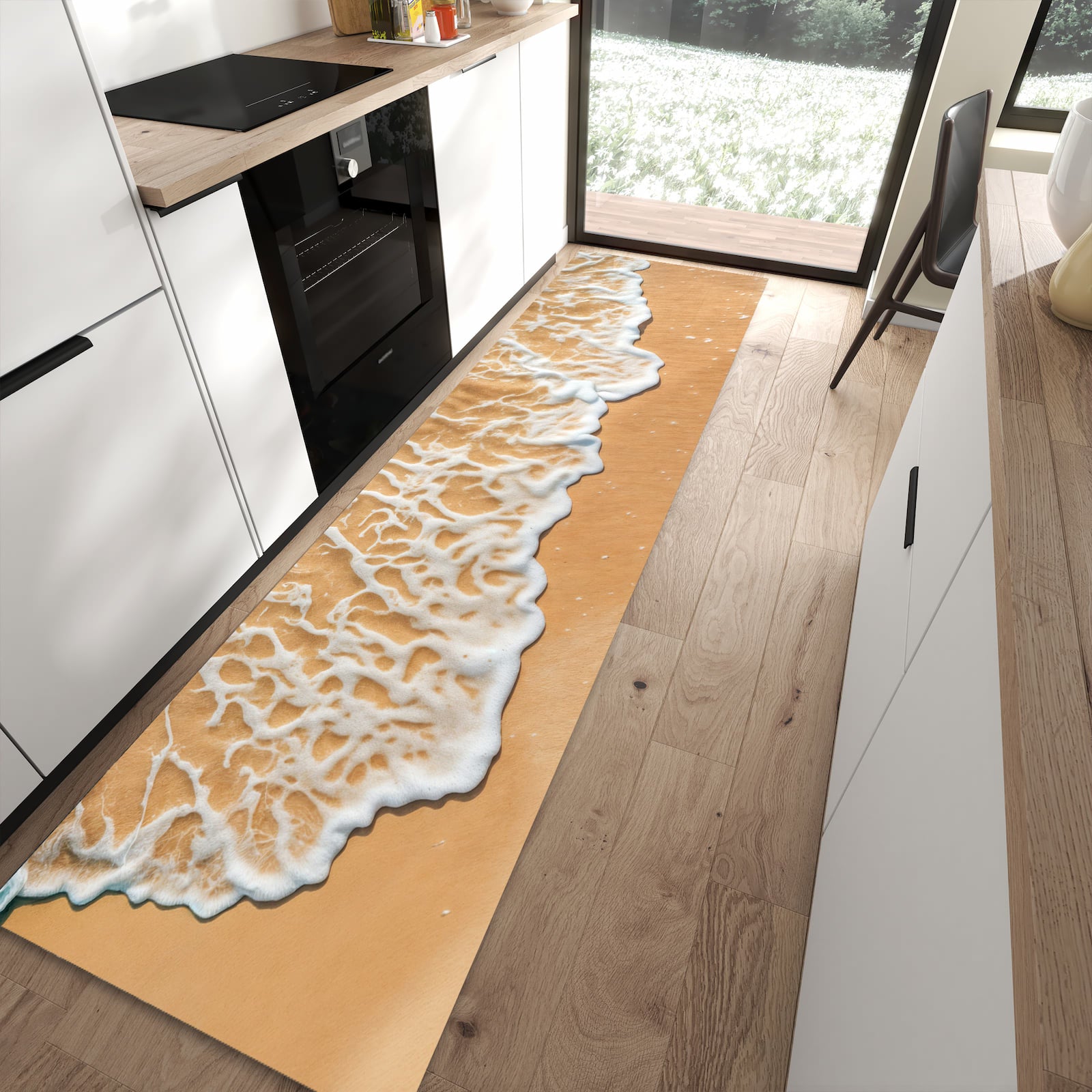 Waschbarer Küchenteppich mit Motiv Ozeanwellenstrand in moderner Küche