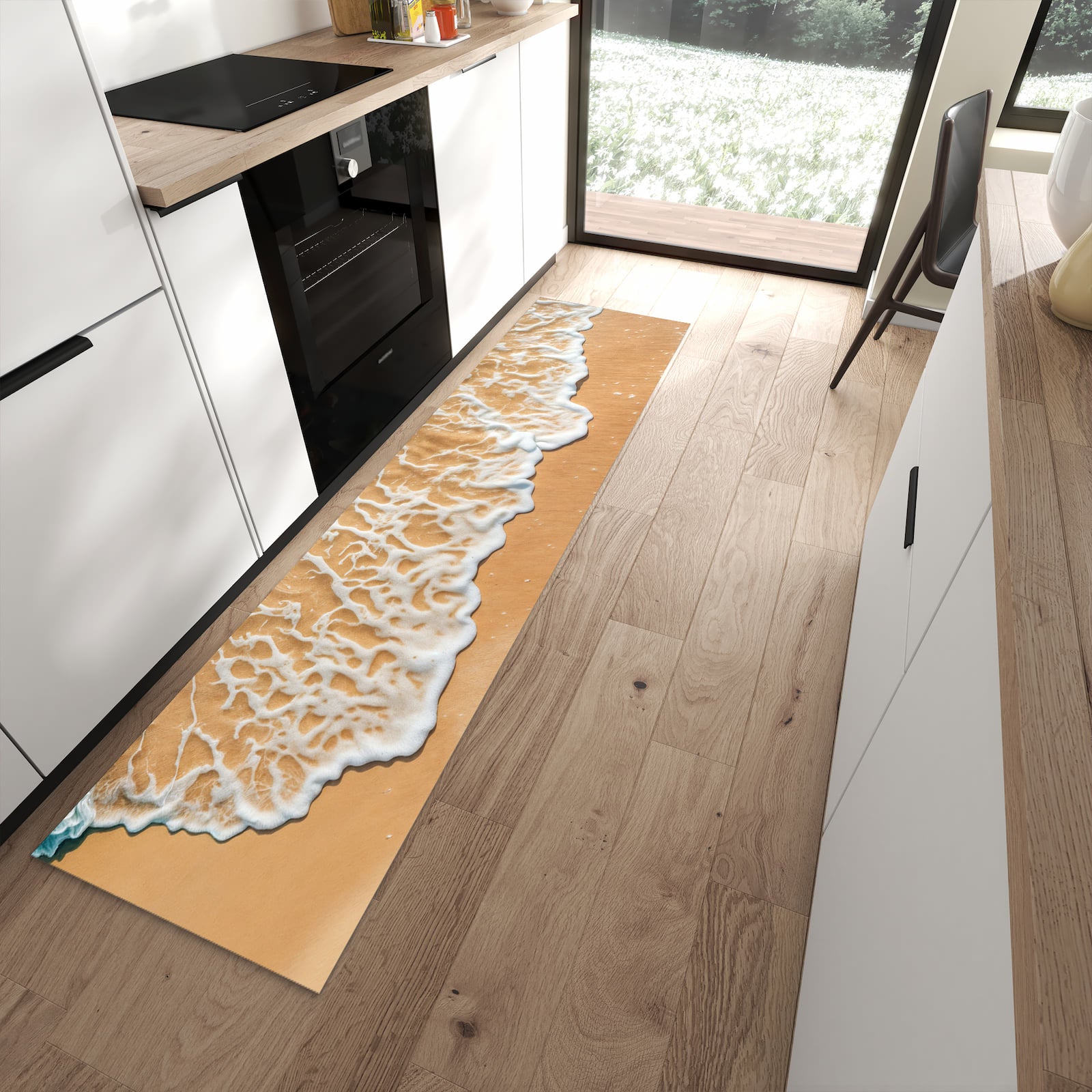Wasserabweisender Teppich für die Küche mit Motiv Ozeanwellenstrand in moderner Küche