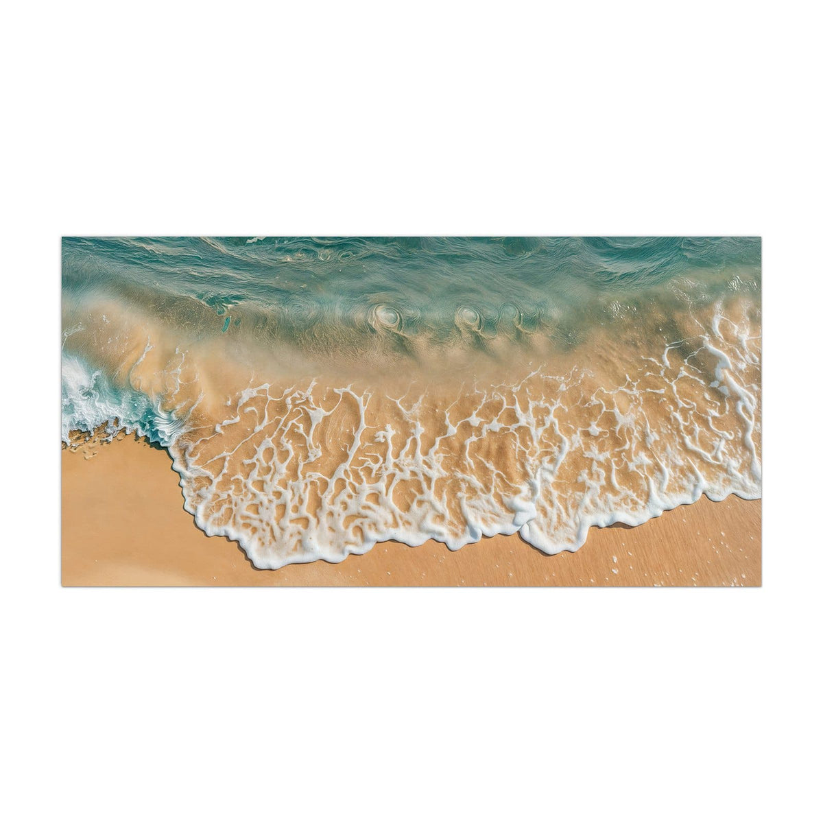 Küchenrückwand aus Glas Meeresschaum auf Sand im Hochformat, Motiv bildfüllend von vorn