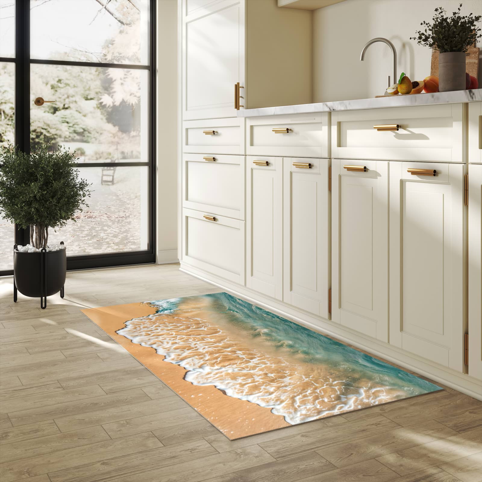 Rutschfester Küchenläufer mit Motiv Ozeanwellenstrand für Trittkomfort in heller Küche