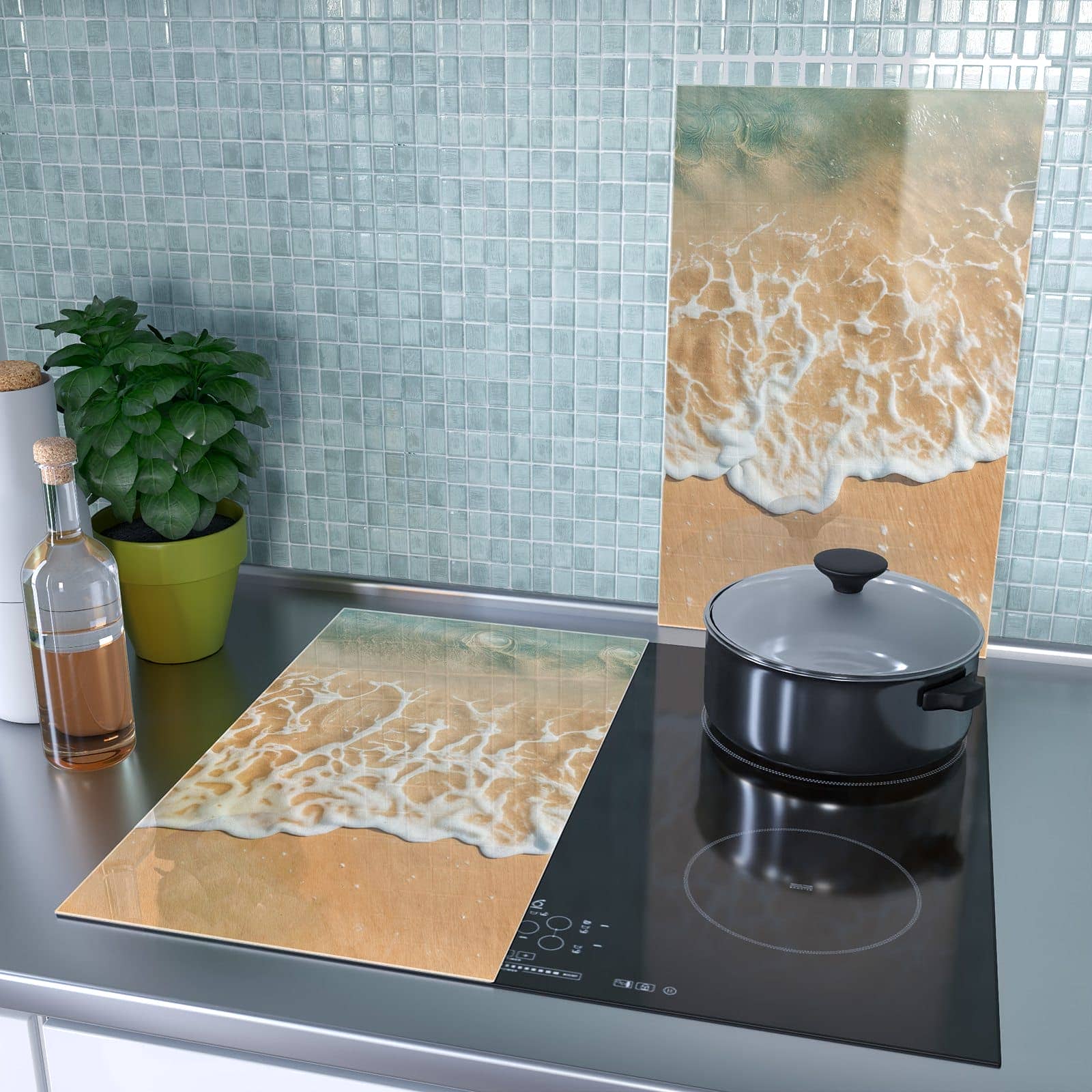 2-teilige Ceranfeldabdeckungen mit Ozeanwellenstrand-Motiv als Spritzschutz hinter dem Kochfeld