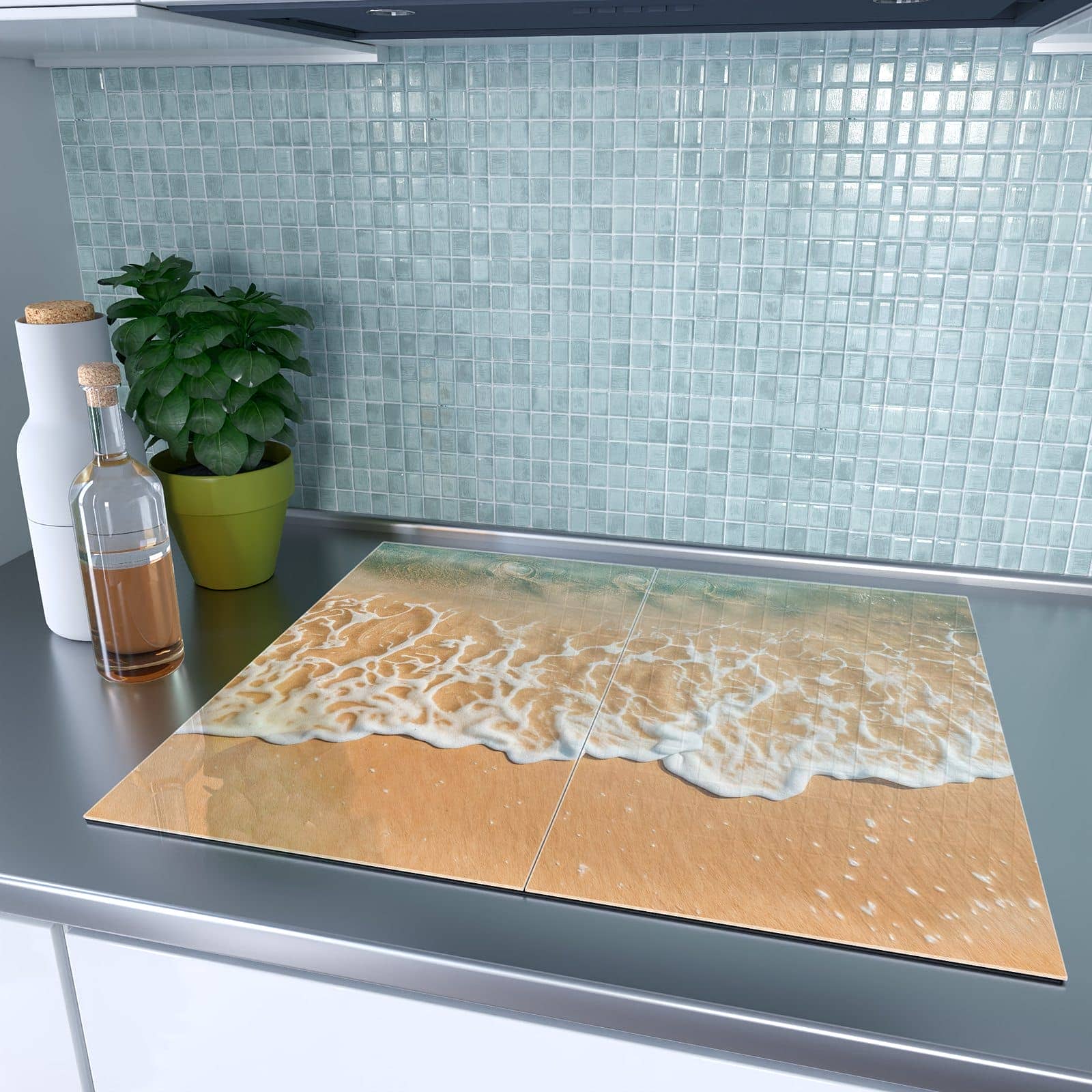 2-teilige Herdabdeckplatten mit Ozeanwellenstrand-Motiv auf dem Ceranfeld