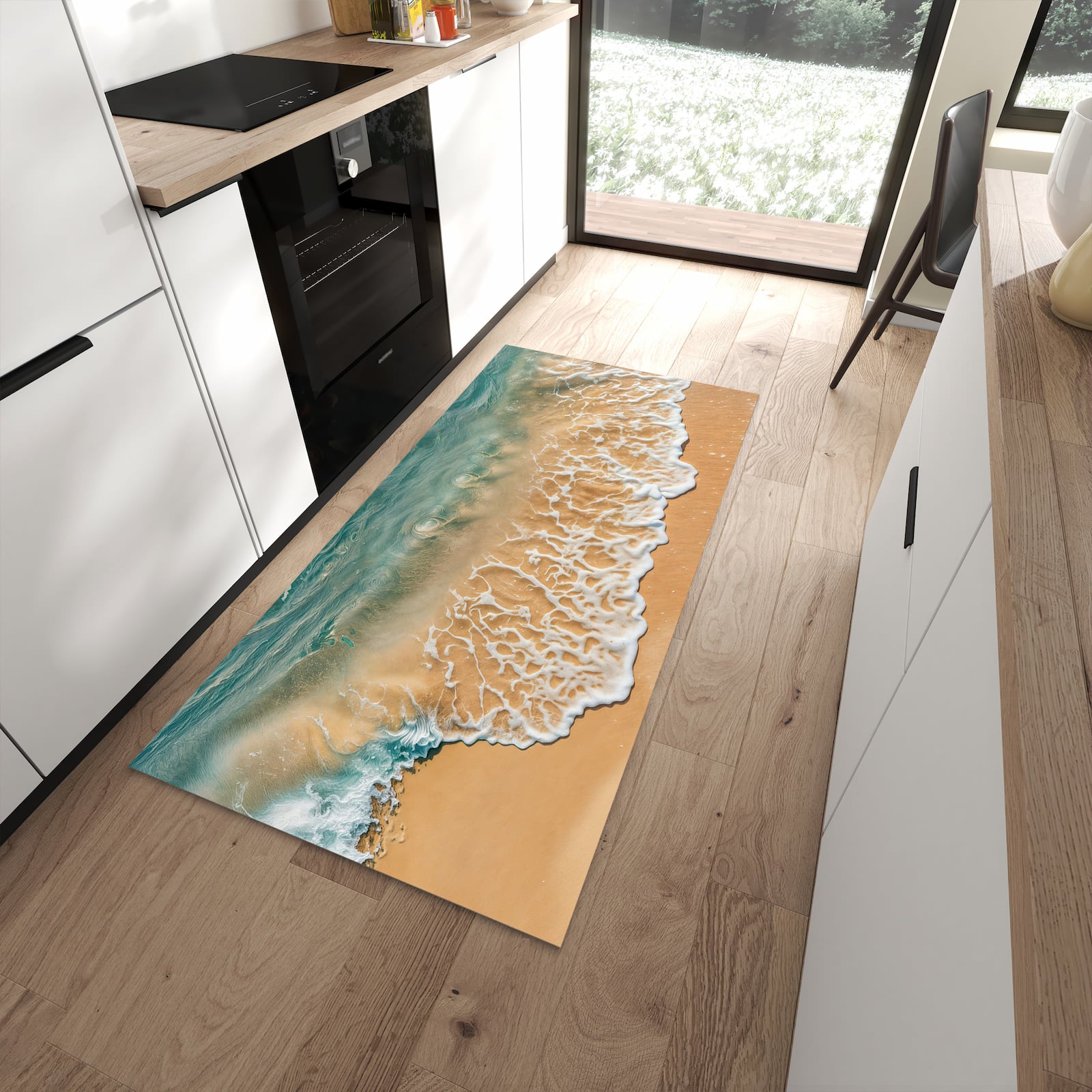 Komfortabler Küchenteppich mit Motiv Ozeanwellenstrand in moderner Küche