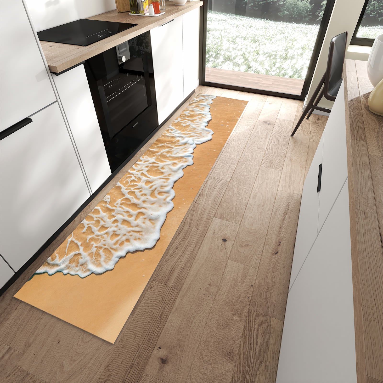 Fleckenresistenter Küchenteppich mit Motiv Ozeanwellenstrand in moderner Küche