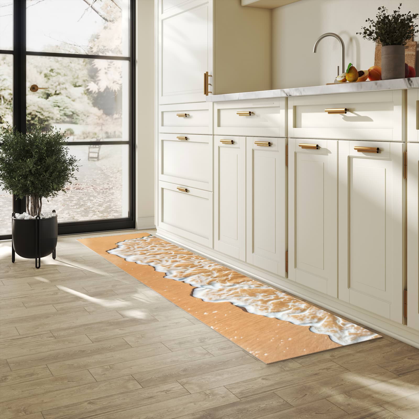 Farbbeständiger waschbarer Küchenteppich mit Motiv Ozeanwellenstrand in heller Küche