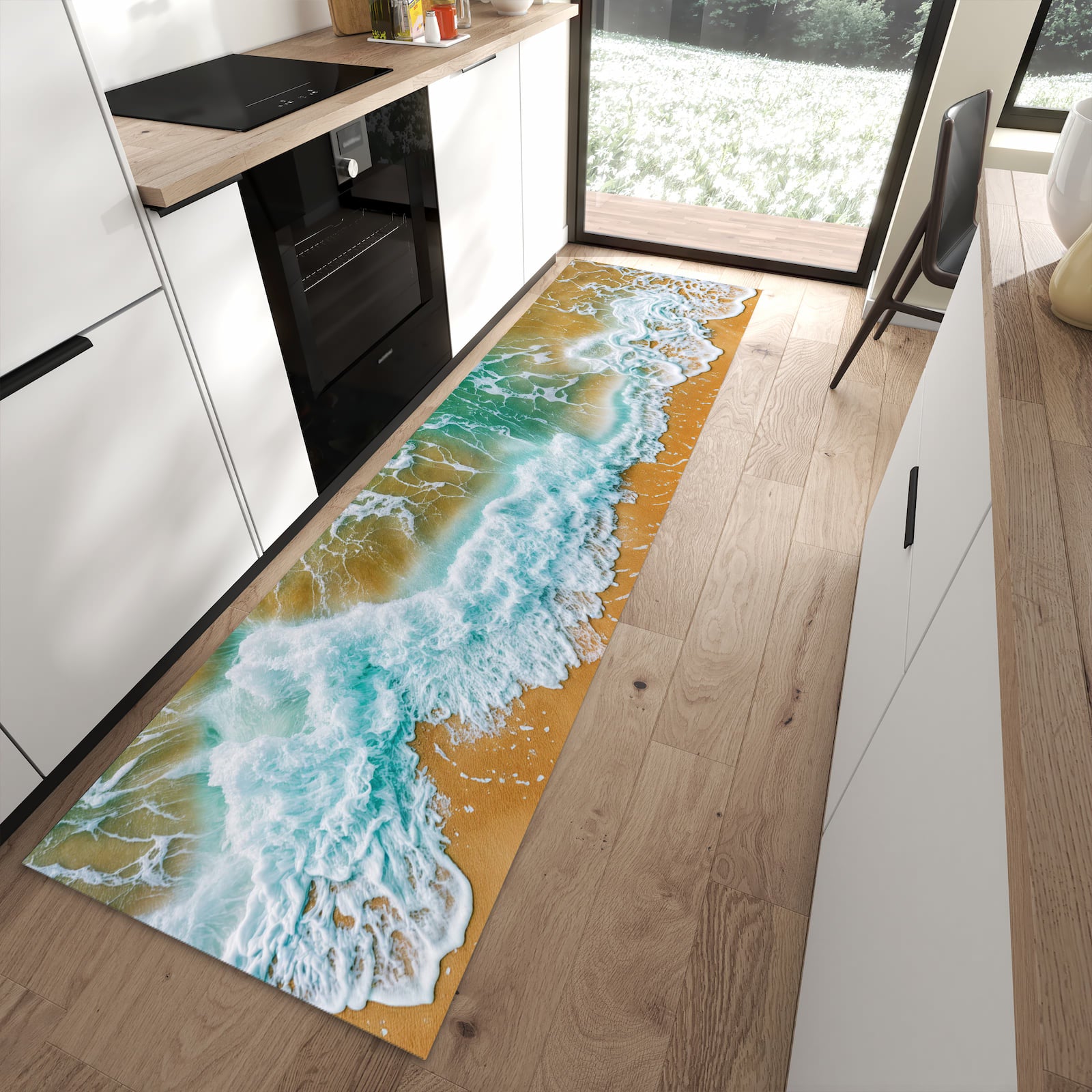 Formstabiler Küchenläufer mit Motiv Meeresbrandung in moderner Küche