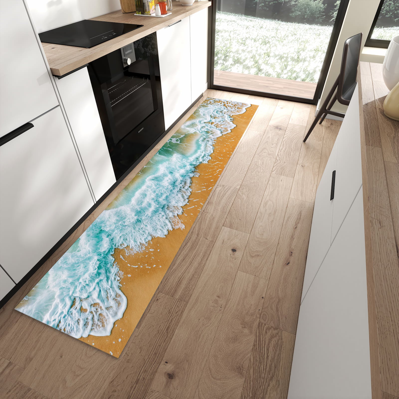 Feuchtigkeitsresistenter waschbarer Küchenläufer mit Motiv Meeresbrandung in moderner Küche