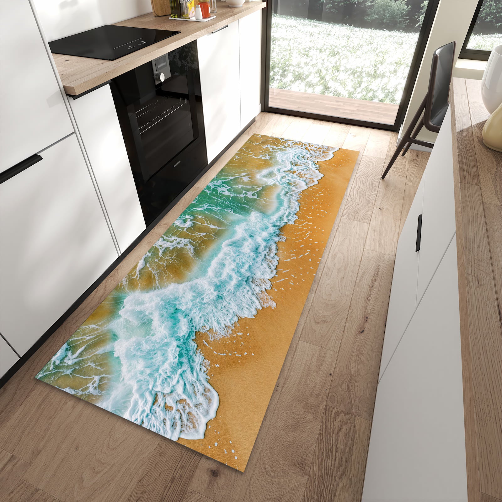 Geräuschdämpfender Küchenteppich mit Motiv Meeresbrandung in moderner Küche
