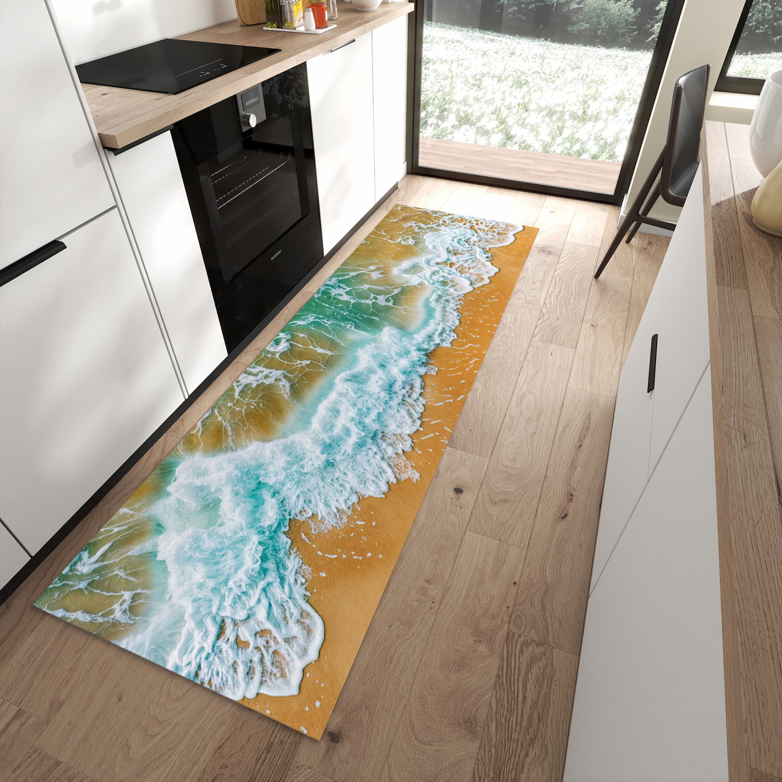 Farbbeständiger Küchenläufer mit Motiv Meeresbrandung in moderner Küche zum Waschen