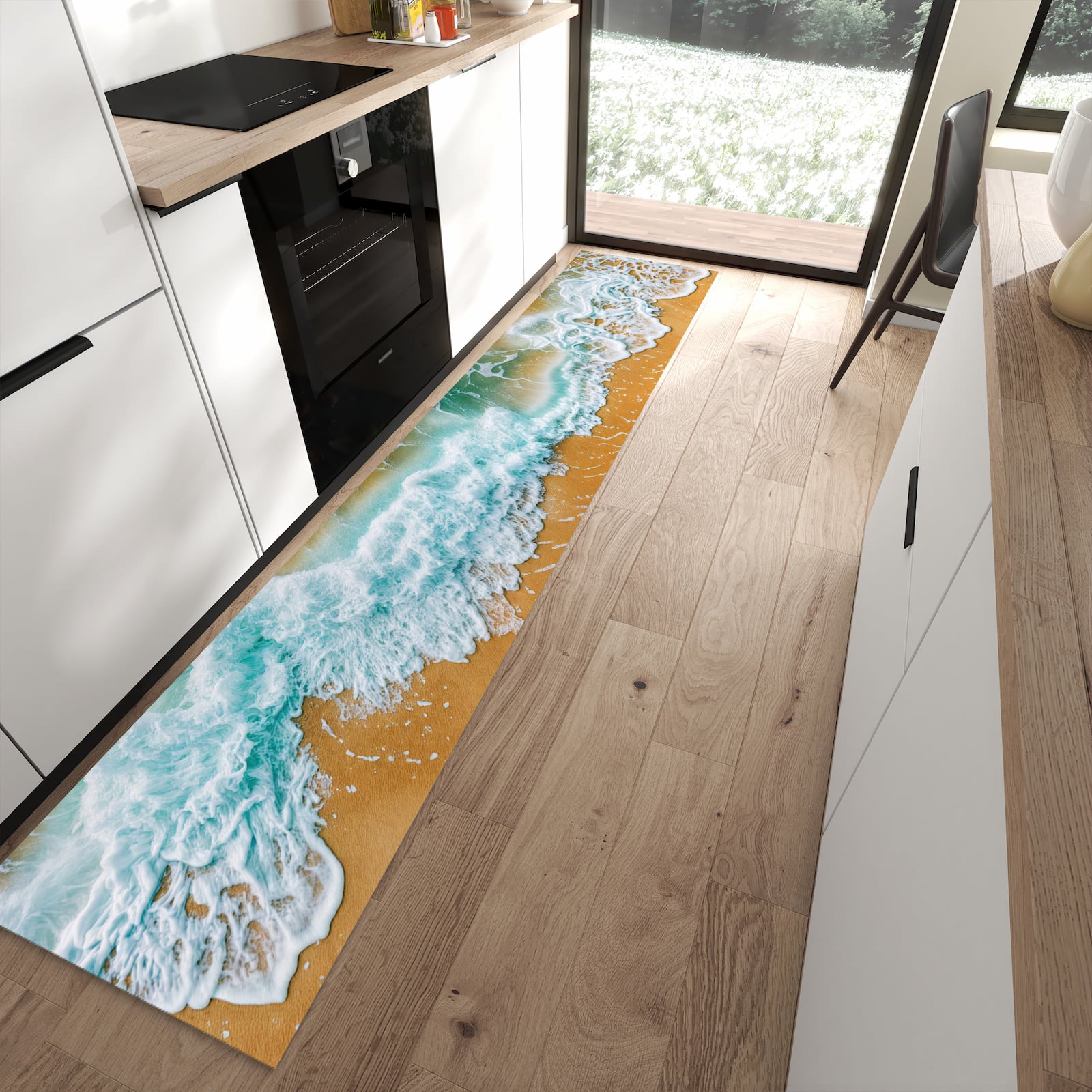 Bodenschonender rutschfester Küchenläufer mit Motiv Meeresbrandung in moderner Küche