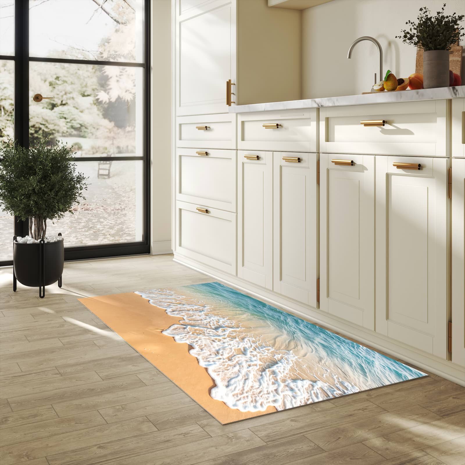 Fleckenresistenter waschbarer Läufer mit Motiv Wellen am Strand in heller Küche